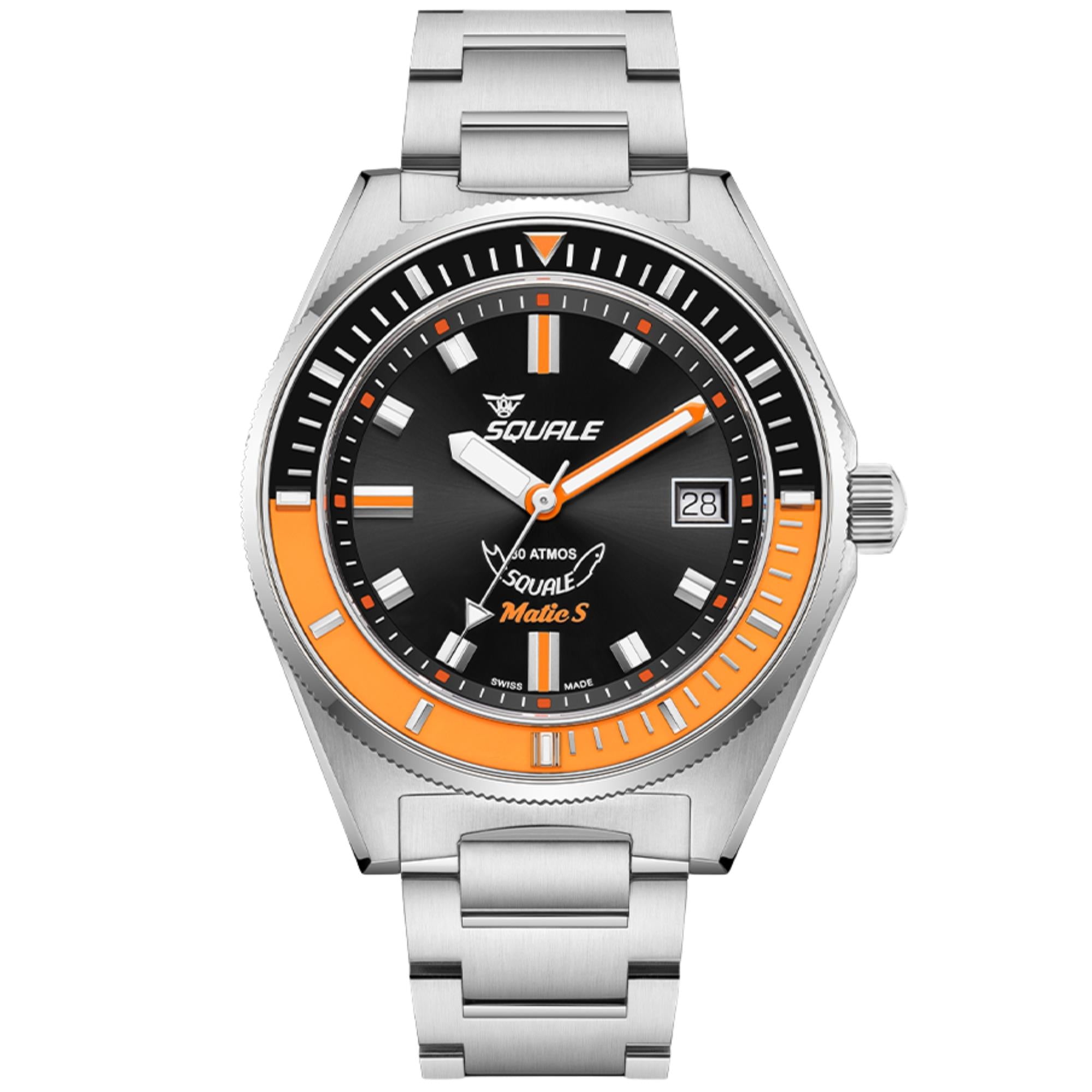 Men's steel automatic watch with black dial, orange accents, date window, diver-style bezel