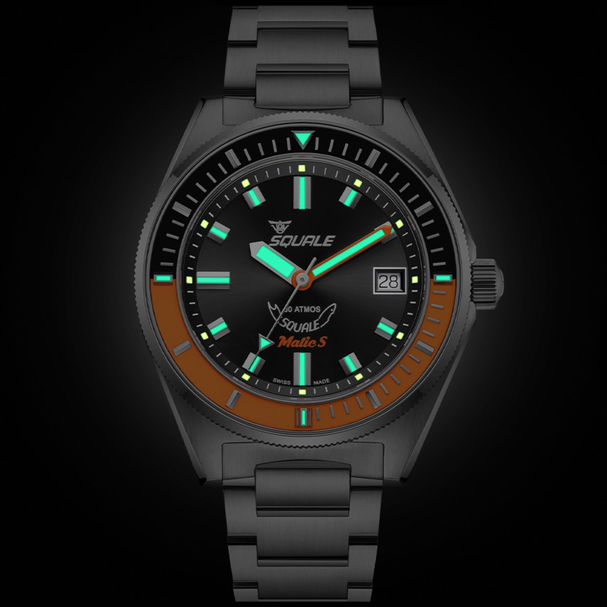 Men's steel automatic watch with black dial, orange bezel accents, date window, luminous hands