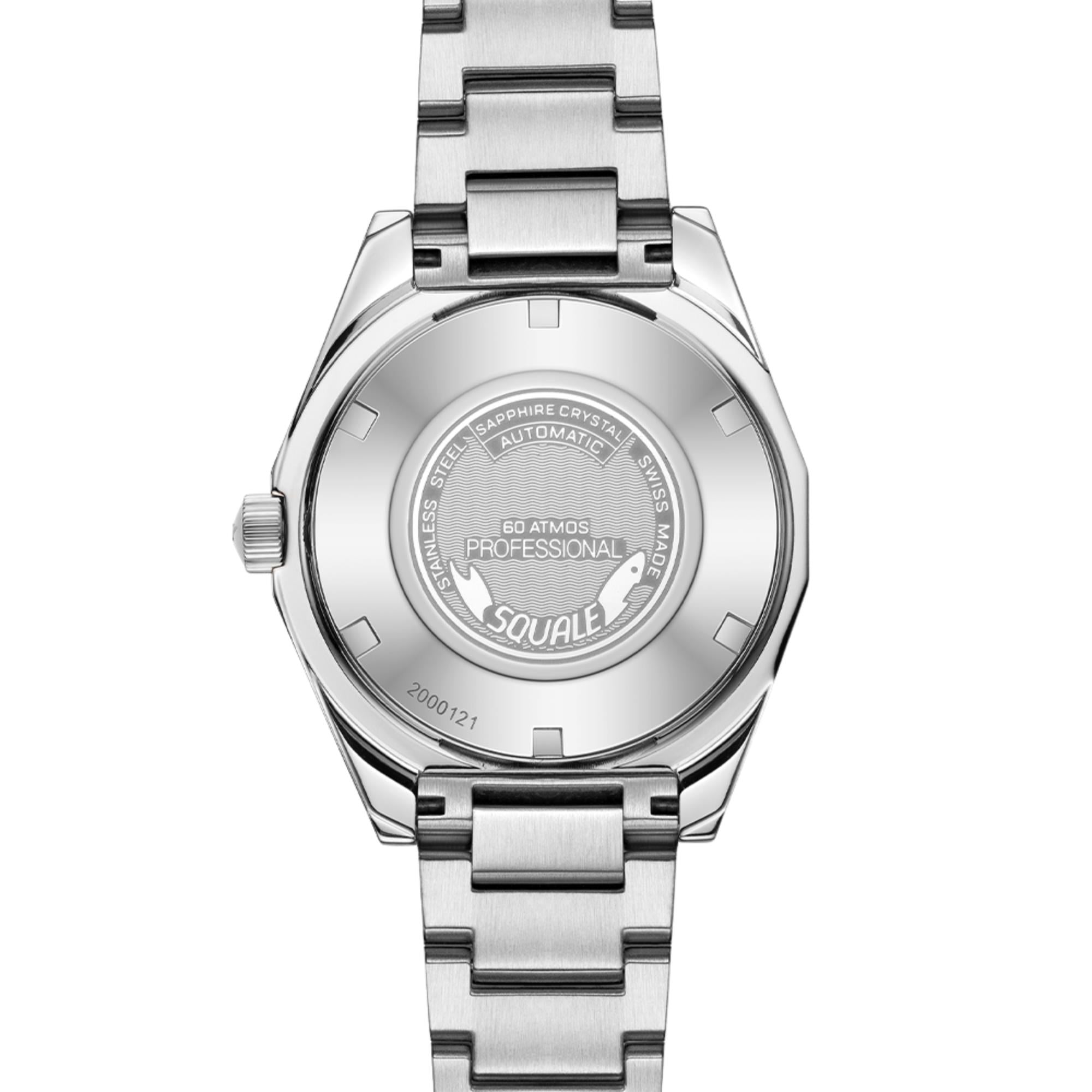 Men's steel automatic watch caseback with brushed finish and 60 ATMOS PROFESSIONAL text
