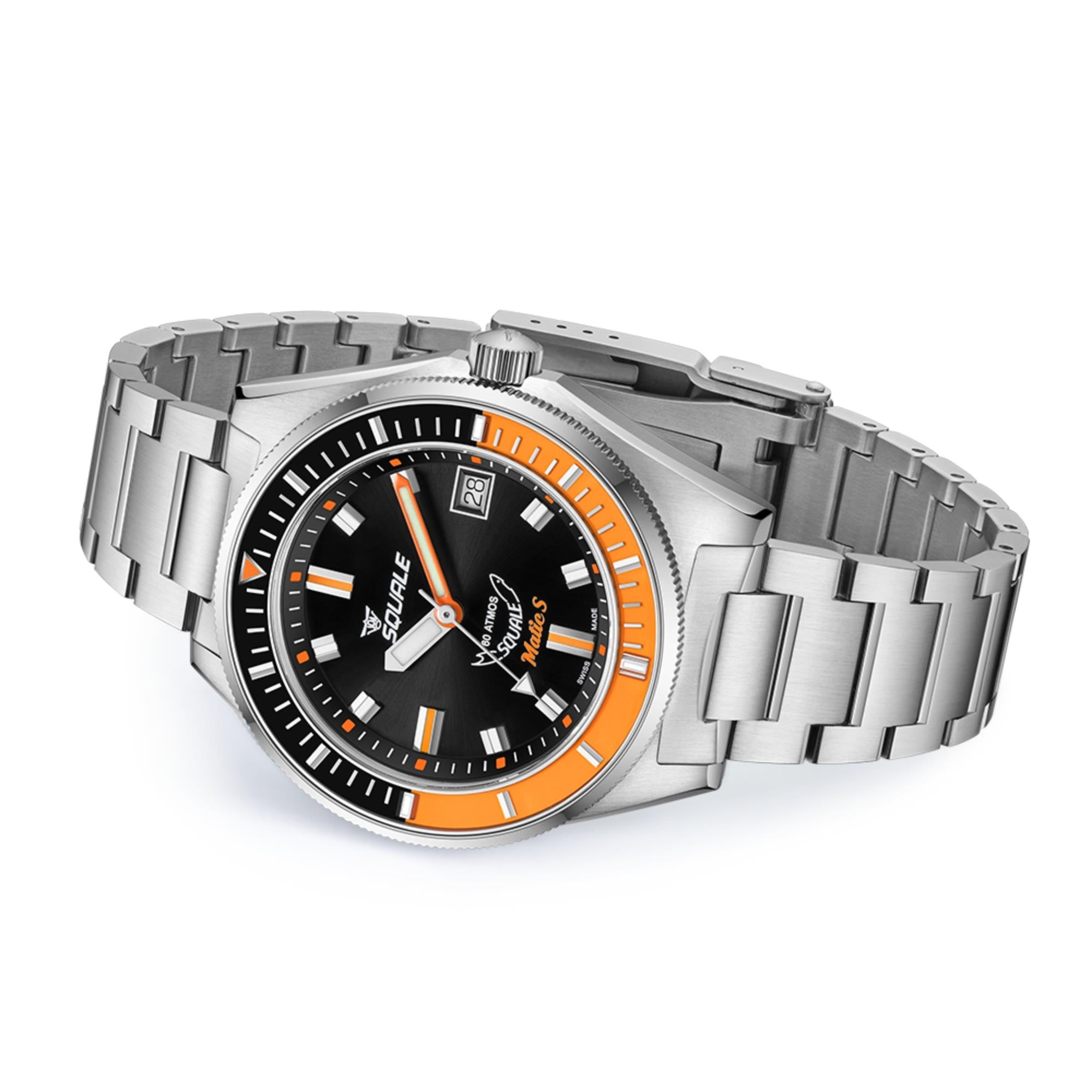 Men's steel automatic watch with black dial, orange bezel ring, and linked bracelet