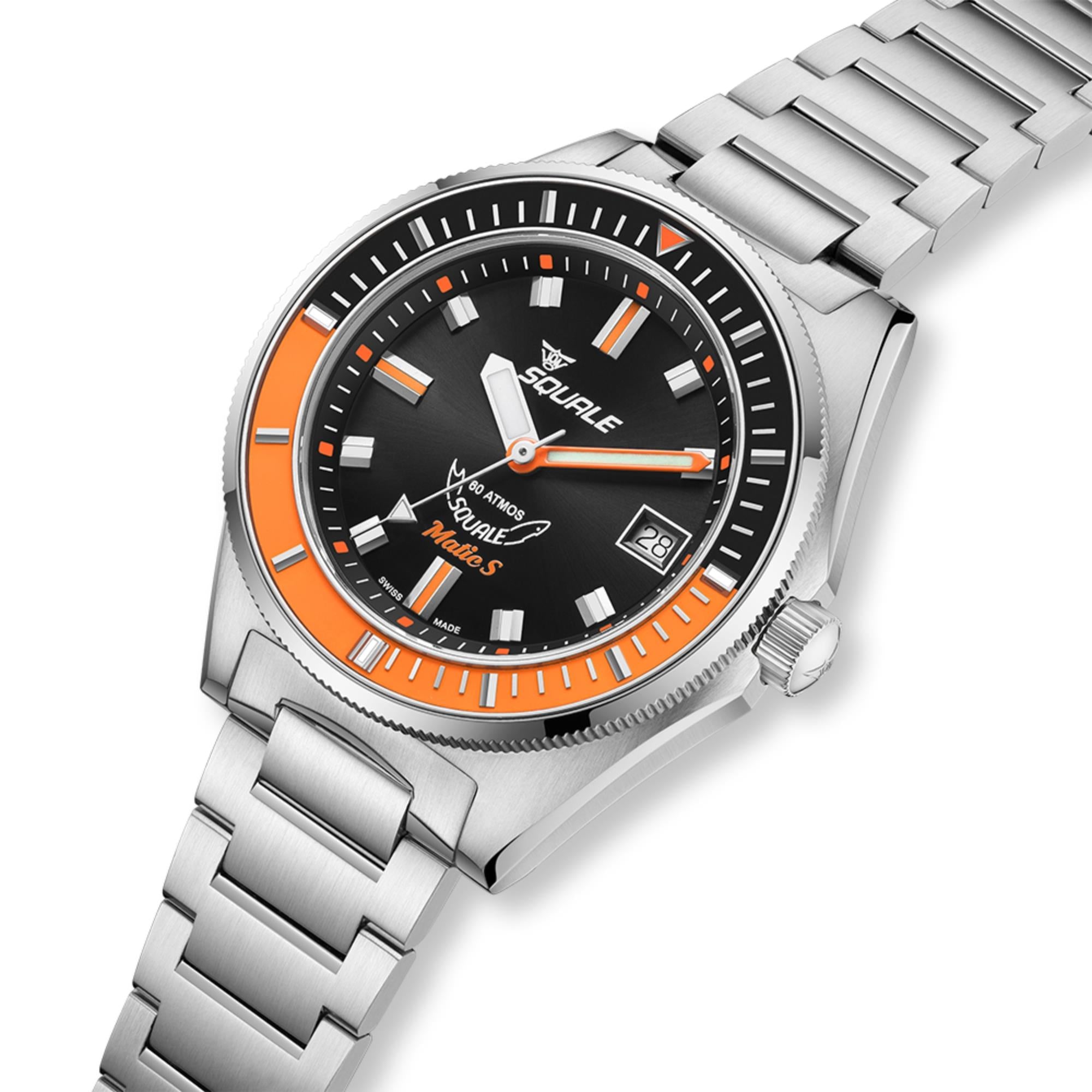 Men's steel automatic watch with black dial, orange markers, diver bezel, and date window
