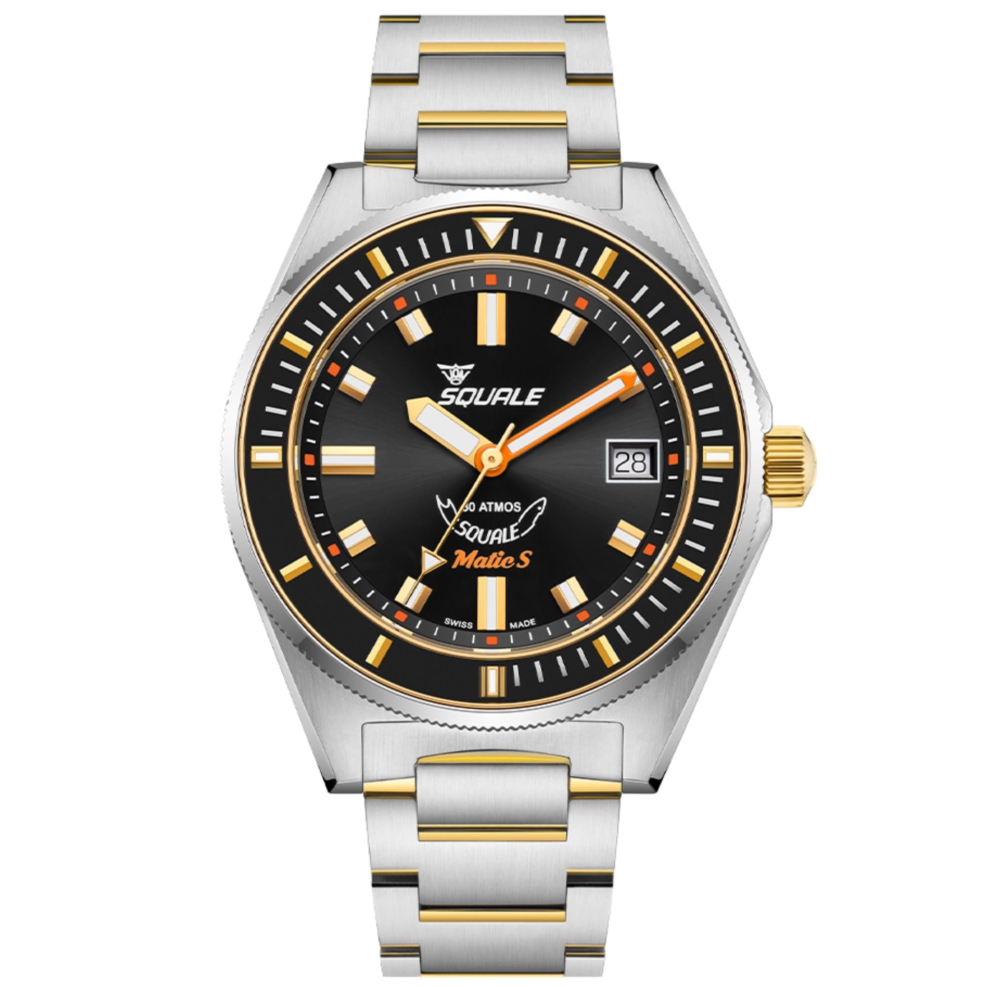 Steel automatic watch with black dial, gold markers, and date window; metal bracelet and bezel