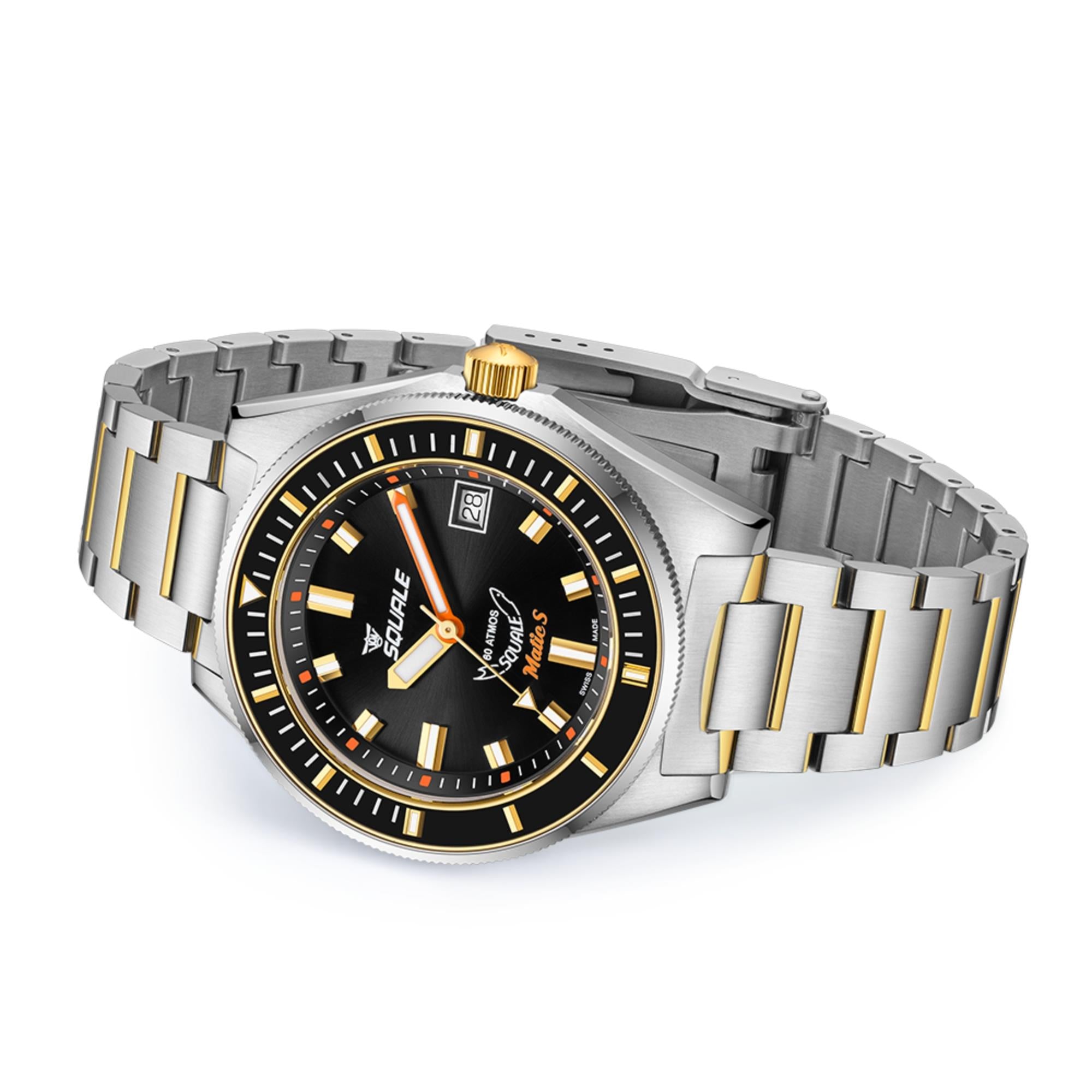 Steel automatic watch with black dial and gold markers on metal bracelet; orange second hand