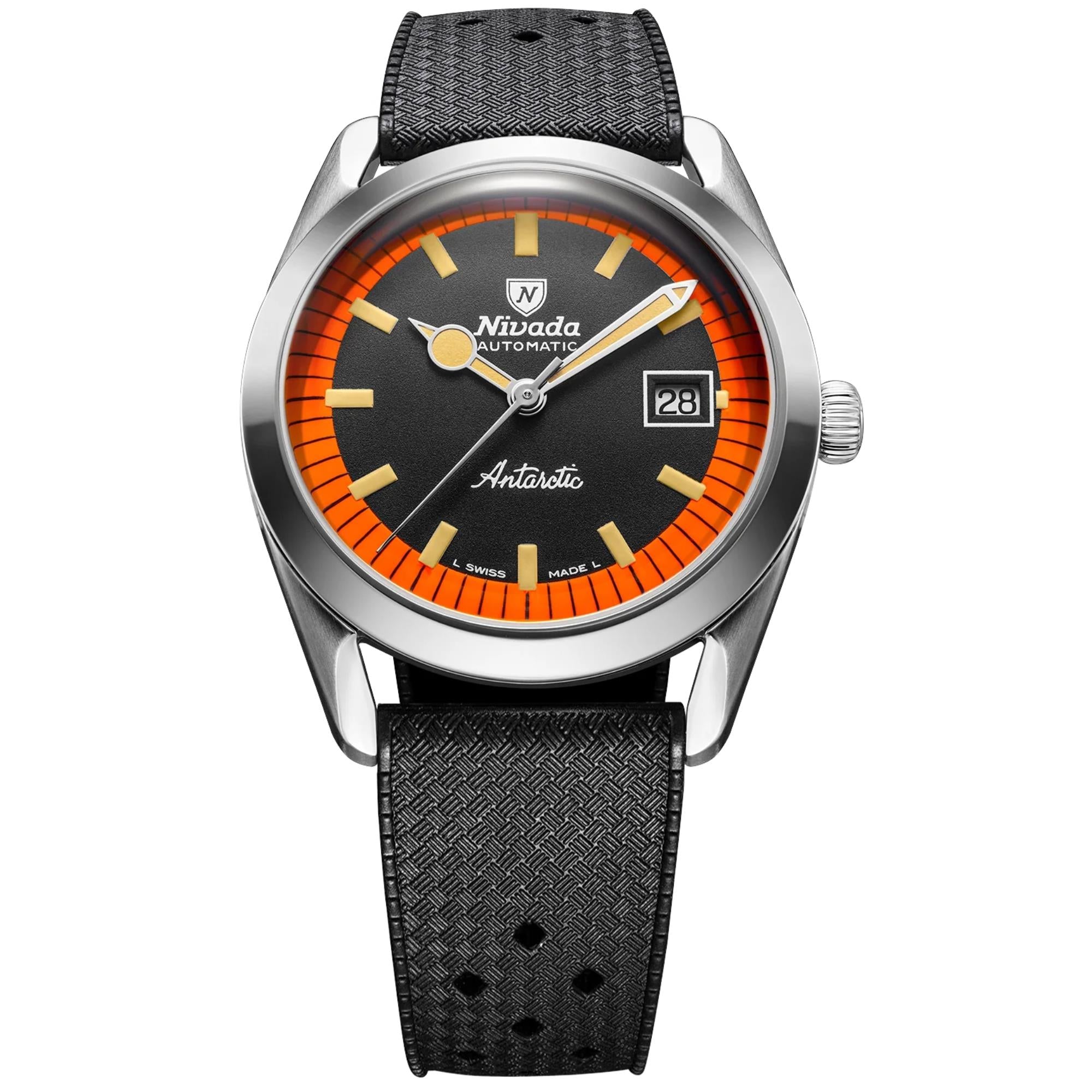 Nivada Grenchen Super Antarctic 38mm Black Dial Rubber Mens Automatic Watch 32056A01