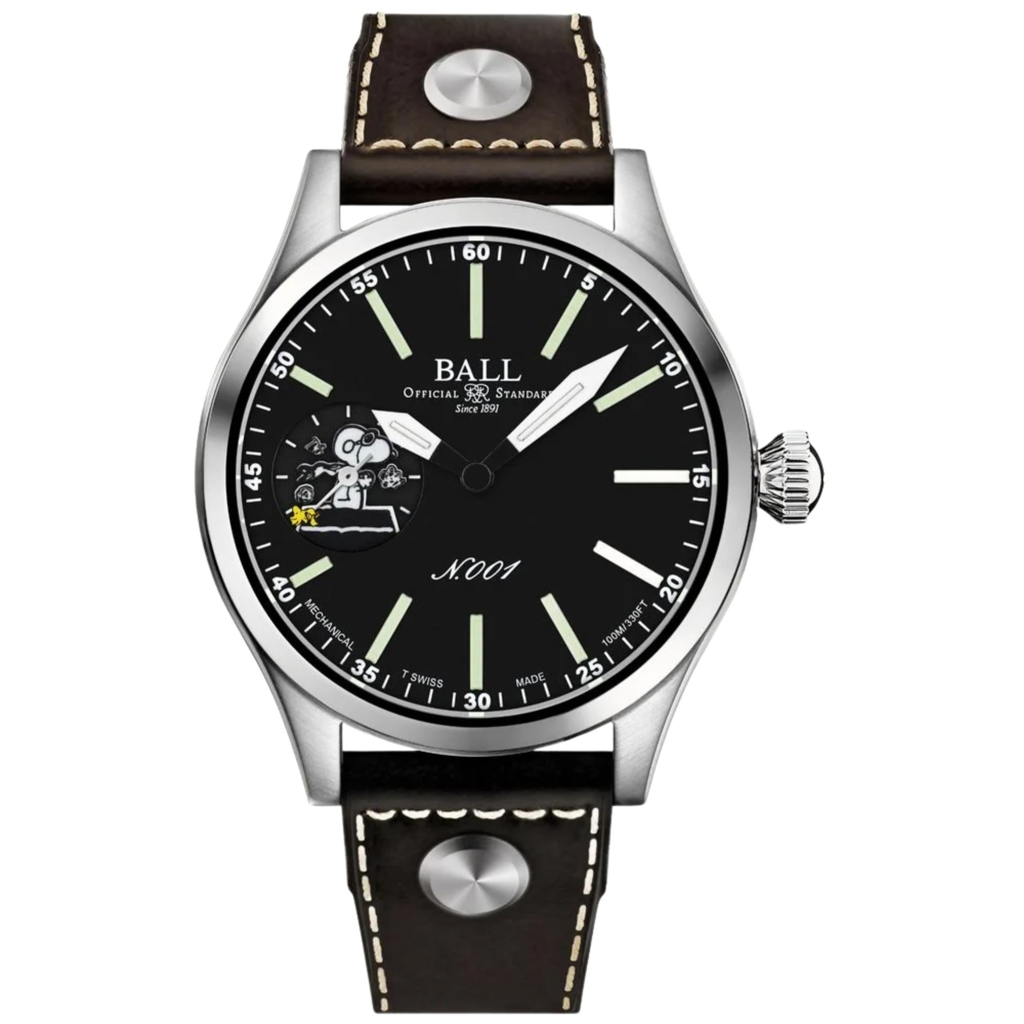 BALL Engineer Master II 46mm Snoopy Flying Ace Limited Edition Black Dial Leather Mens Manual-Wind Watch NM2638C-L2J-BK