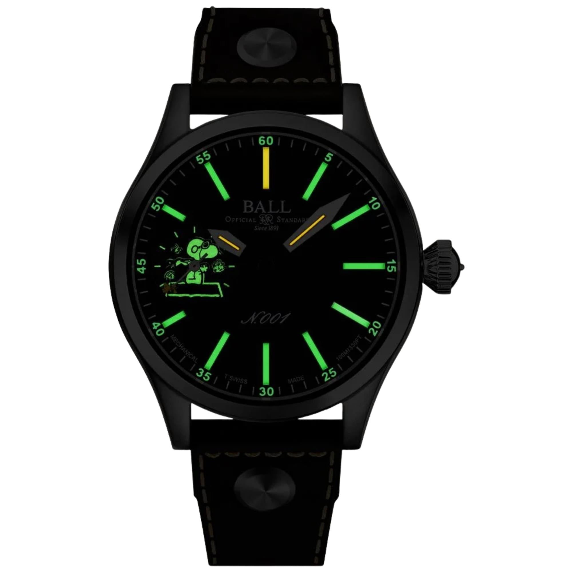 BALL Engineer Master II 46mm Snoopy Flying Ace Limited Edition Black Dial Leather Mens Manual-Wind Watch NM2638C-L2J-BK