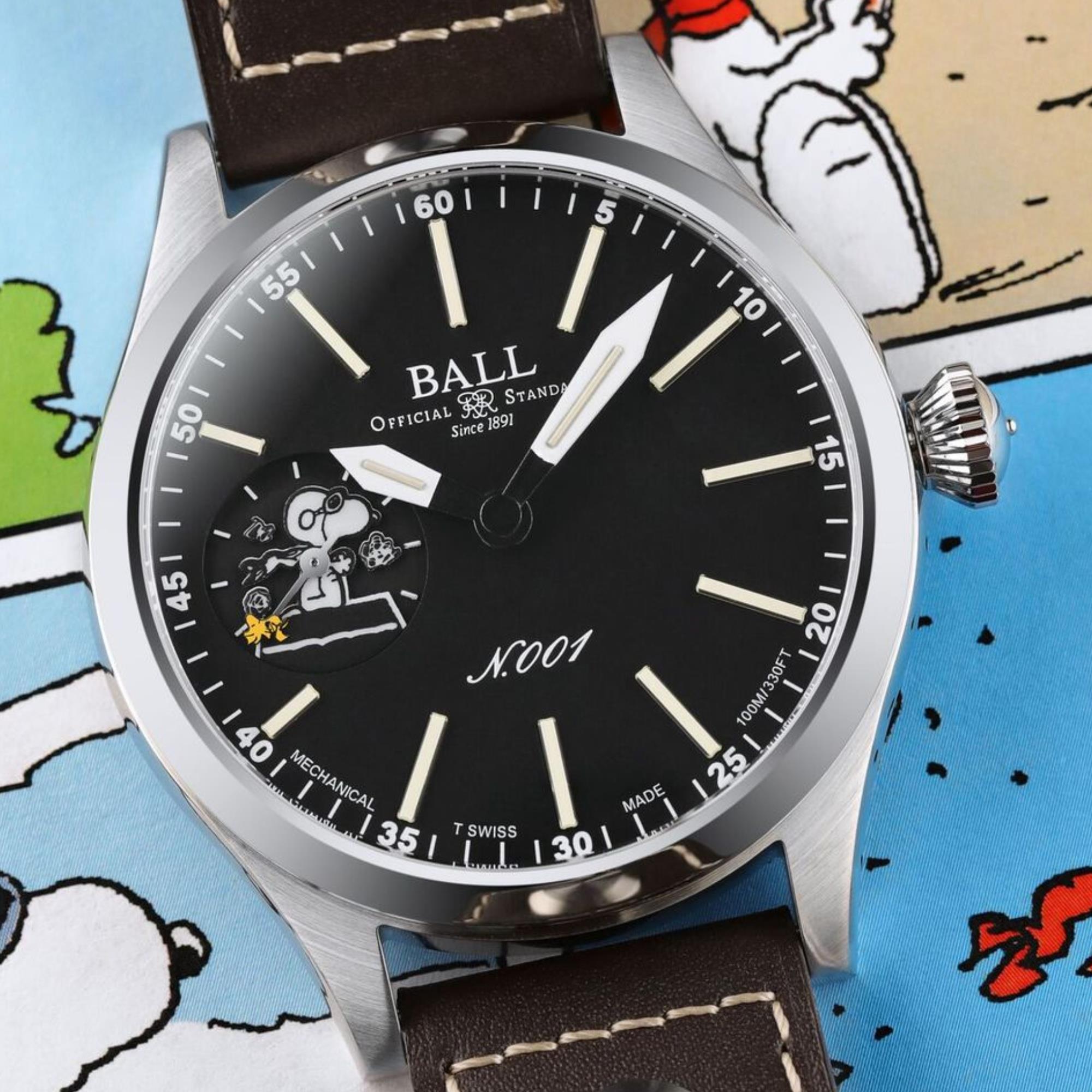 BALL Engineer Master II 46mm Snoopy Flying Ace Limited Edition Black Dial Leather Mens Manual-Wind Watch NM2638C-L2J-BK