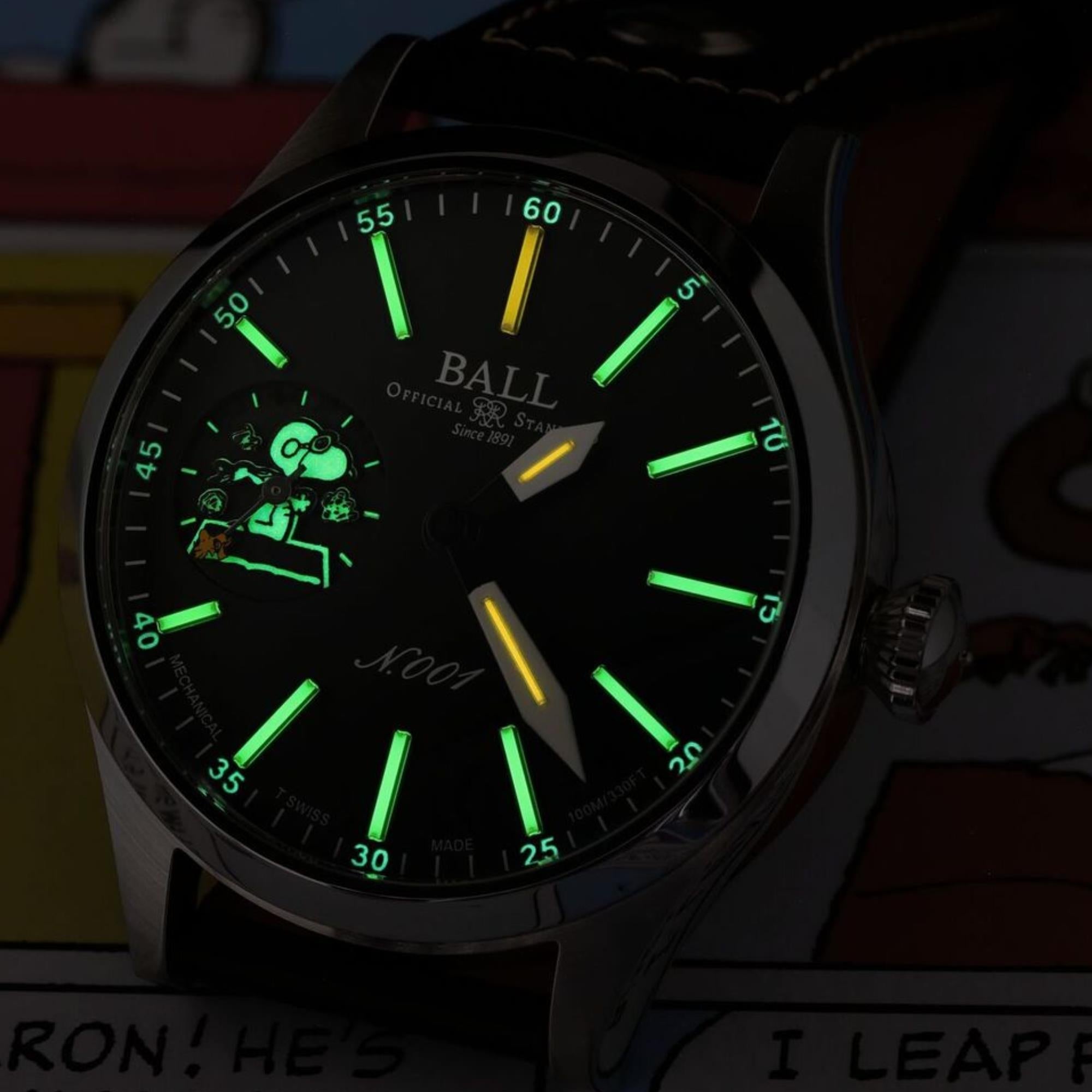 BALL Engineer Master II 46mm Snoopy Flying Ace Limited Edition Black Dial Leather Mens Manual-Wind Watch NM2638C-L2J-BK