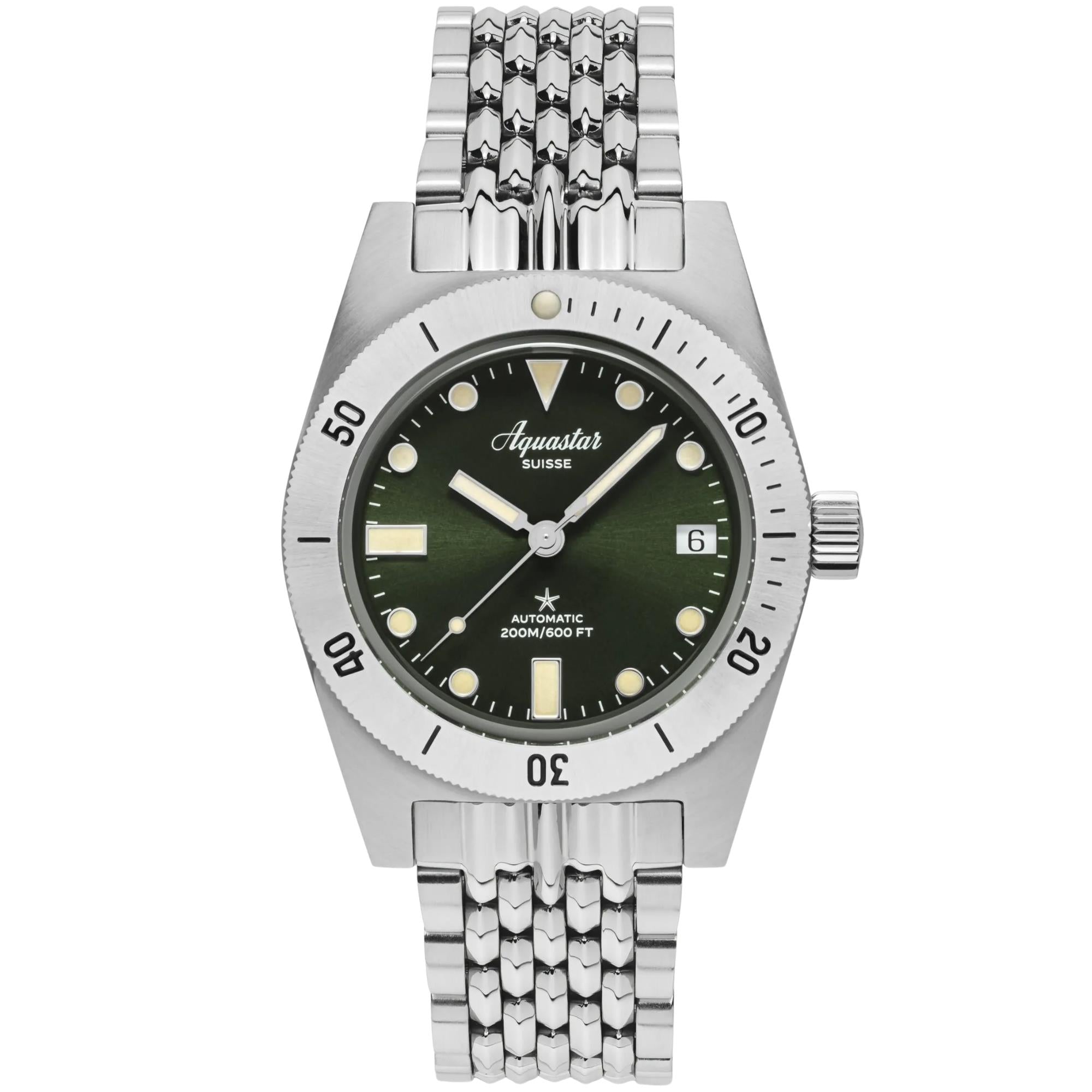 Aquastar Model 60 Greenwich 37mm Limited Edition Green Dial Steel and Strap Mens Automatic Watch M60-GREENWICH