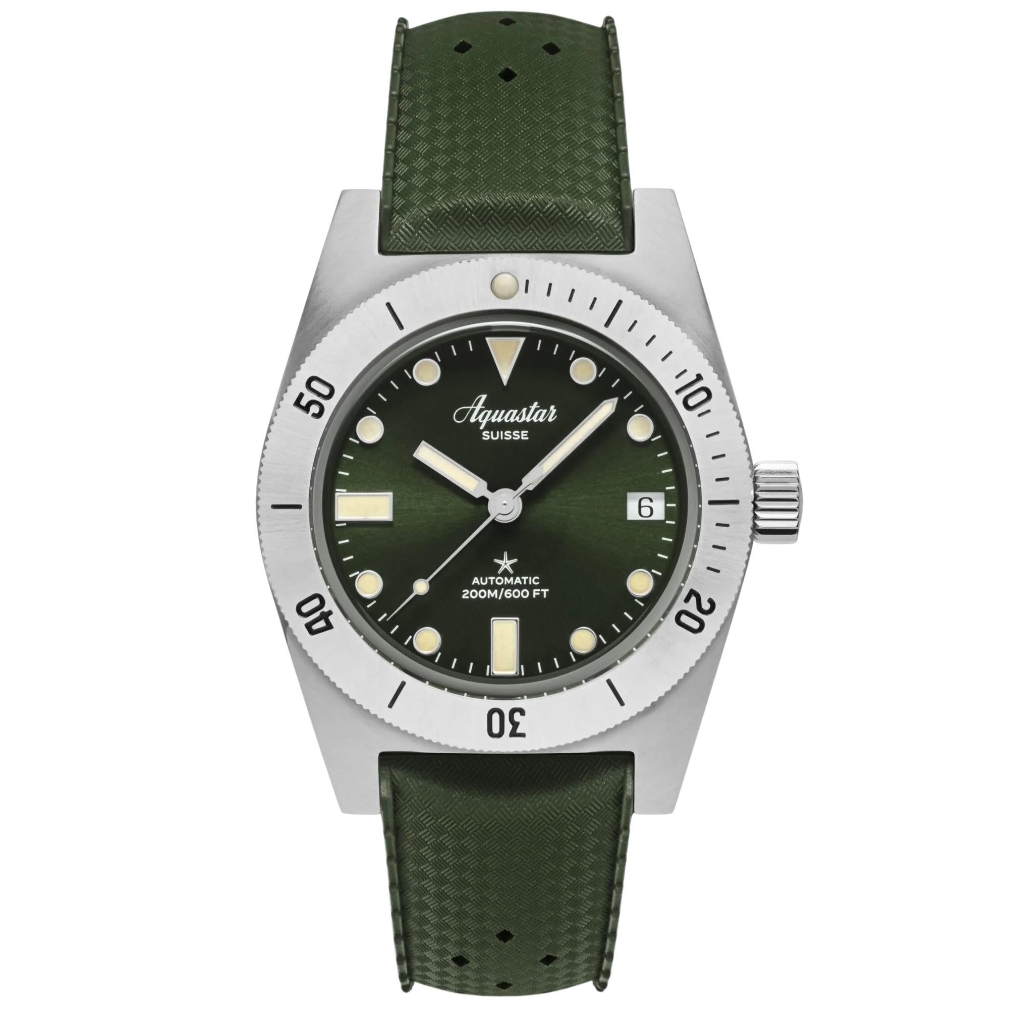 Aquastar Model 60 Greenwich 37mm Limited Edition Green Dial Steel and Strap Mens Automatic Watch M60-GREENWICH