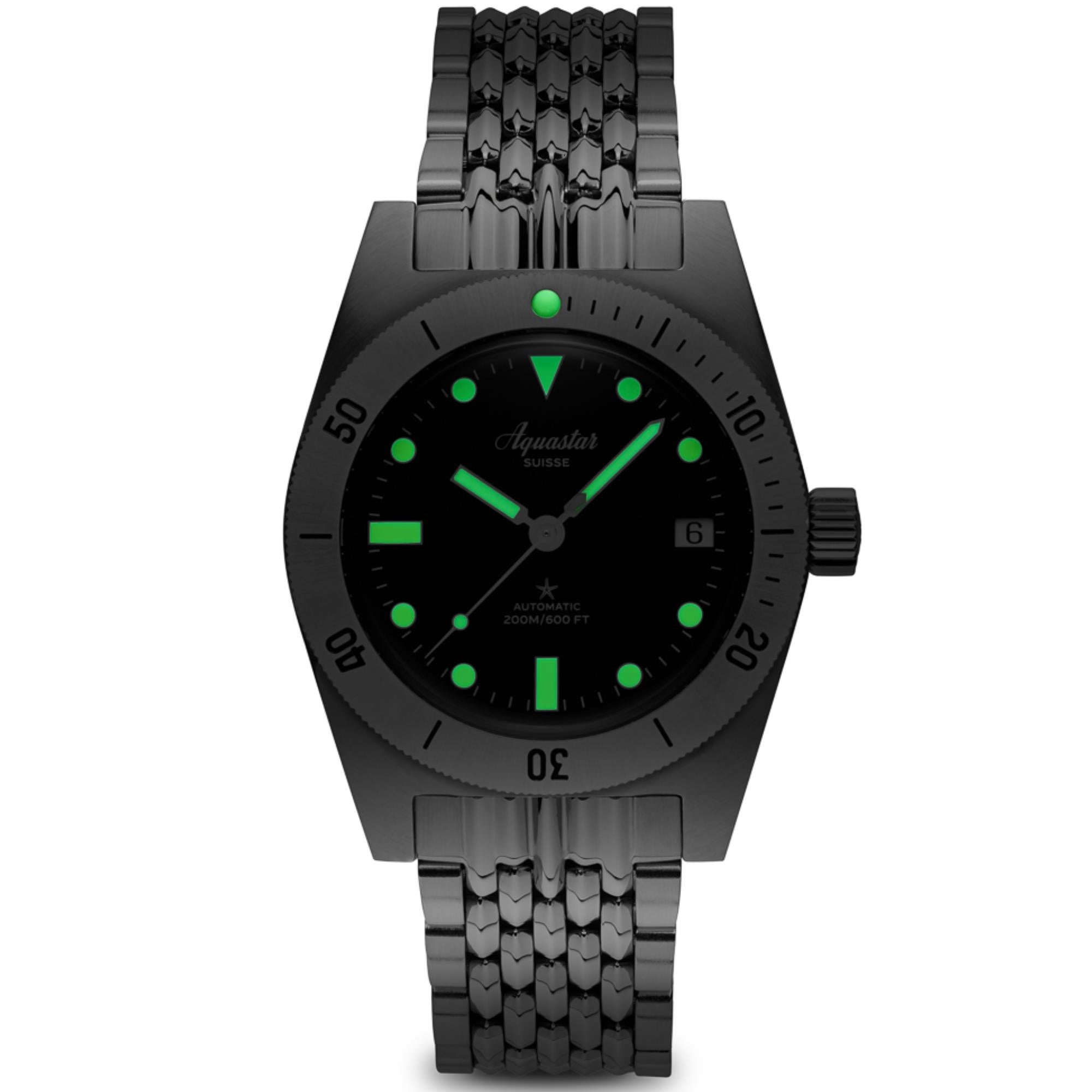 Aquastar Model 60 Greenwich 37mm Limited Edition Green Dial Steel and Strap Mens Automatic Watch M60-GREENWICH