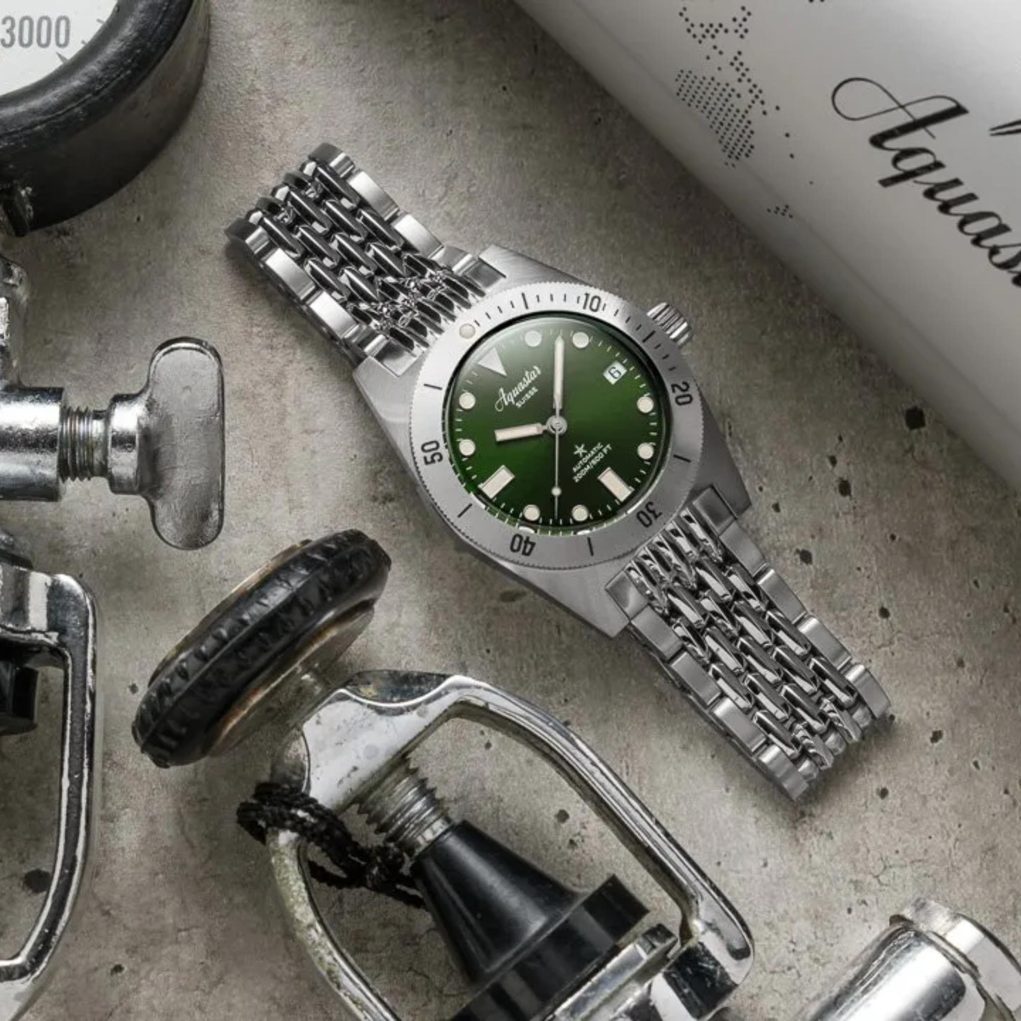 Aquastar Model 60 Greenwich 37mm Limited Edition Green Dial Steel and Strap Mens Automatic Watch M60-GREENWICH