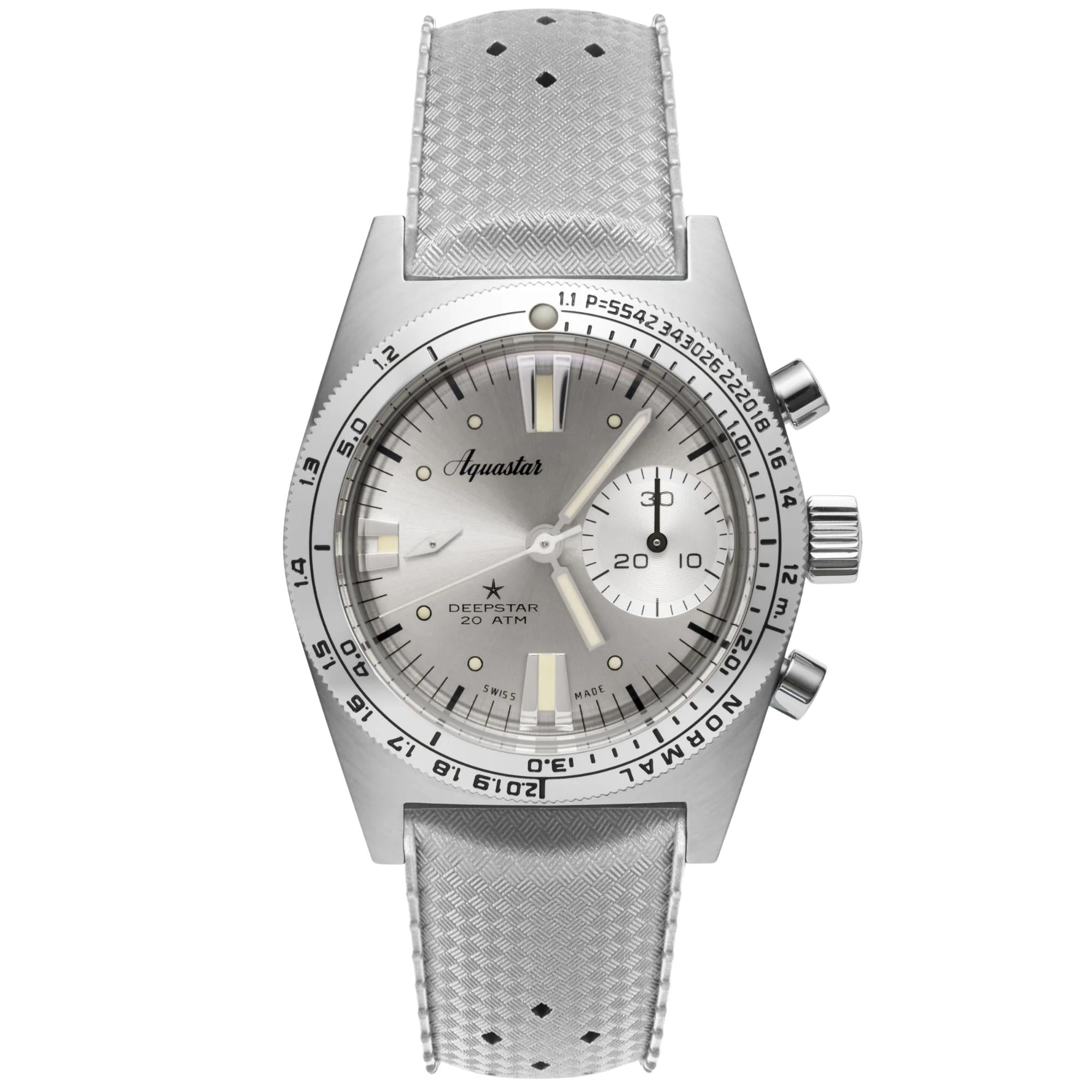 Aquastar Deepstar Silverline 39mm Chronograph Silver Dial Steel Mens Automatic Watch