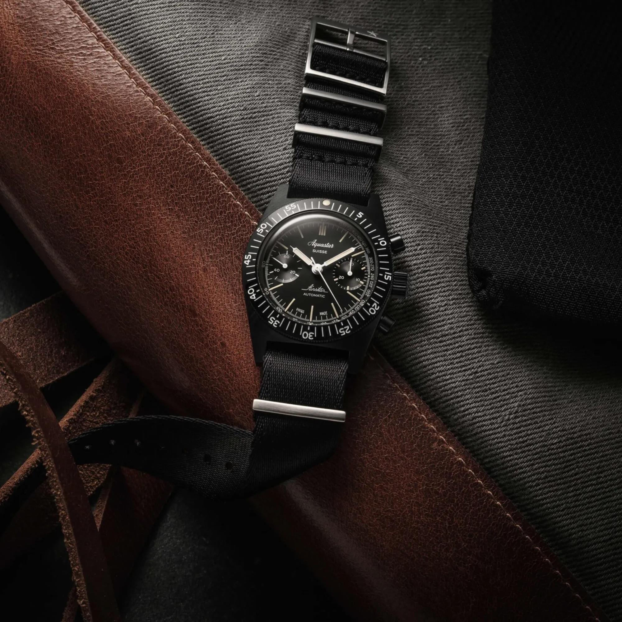 Aquastar Airstar 39mm Chronograph 60th Anniversary Re-Edition Black Dial NATO & Tropic Mens Automatic Watch AIRSTAR-DLC