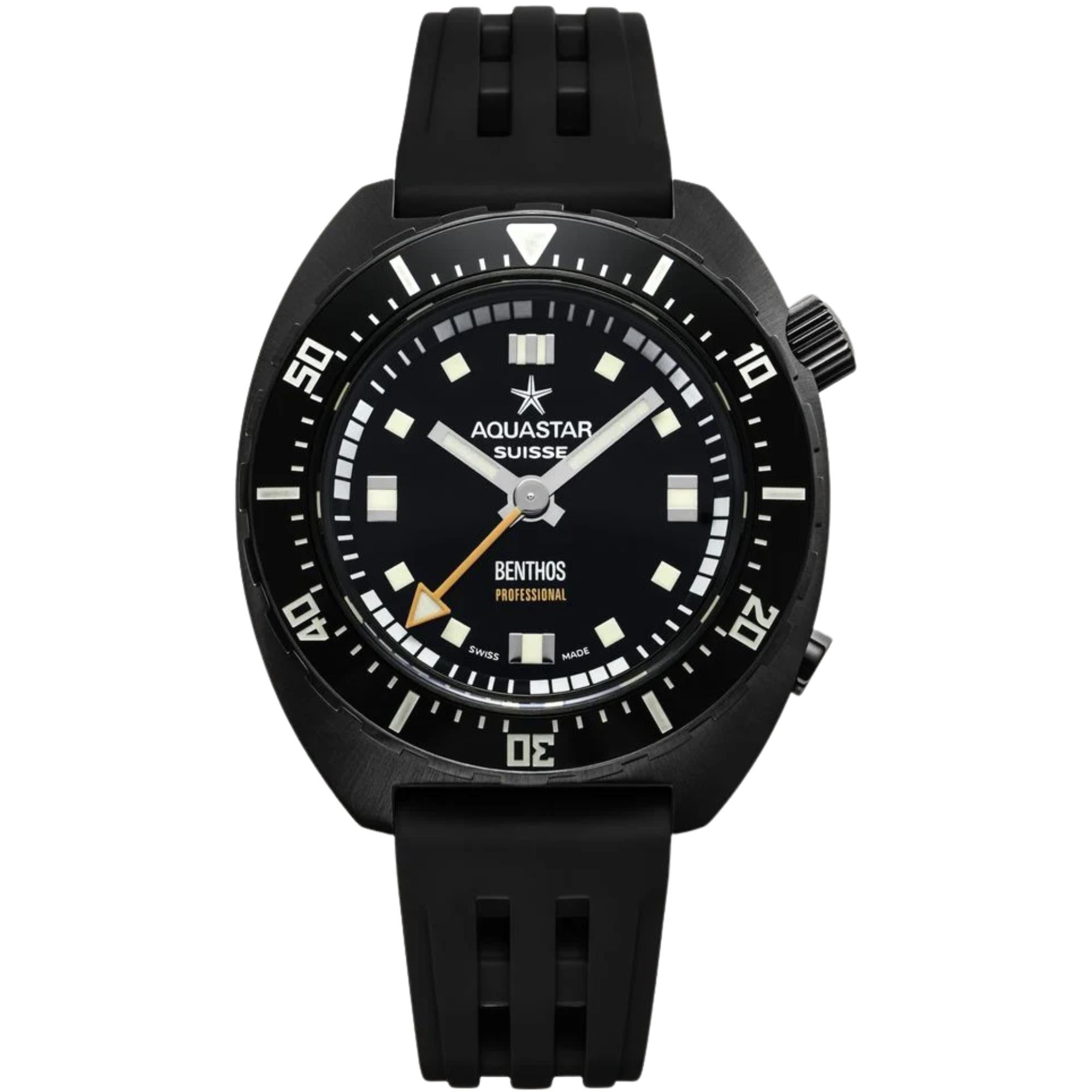 Aquastar Benthos Professional 42mm Black Dial Rubber Mens Automatic Watch BENTHOS-PRO PVD / DLC