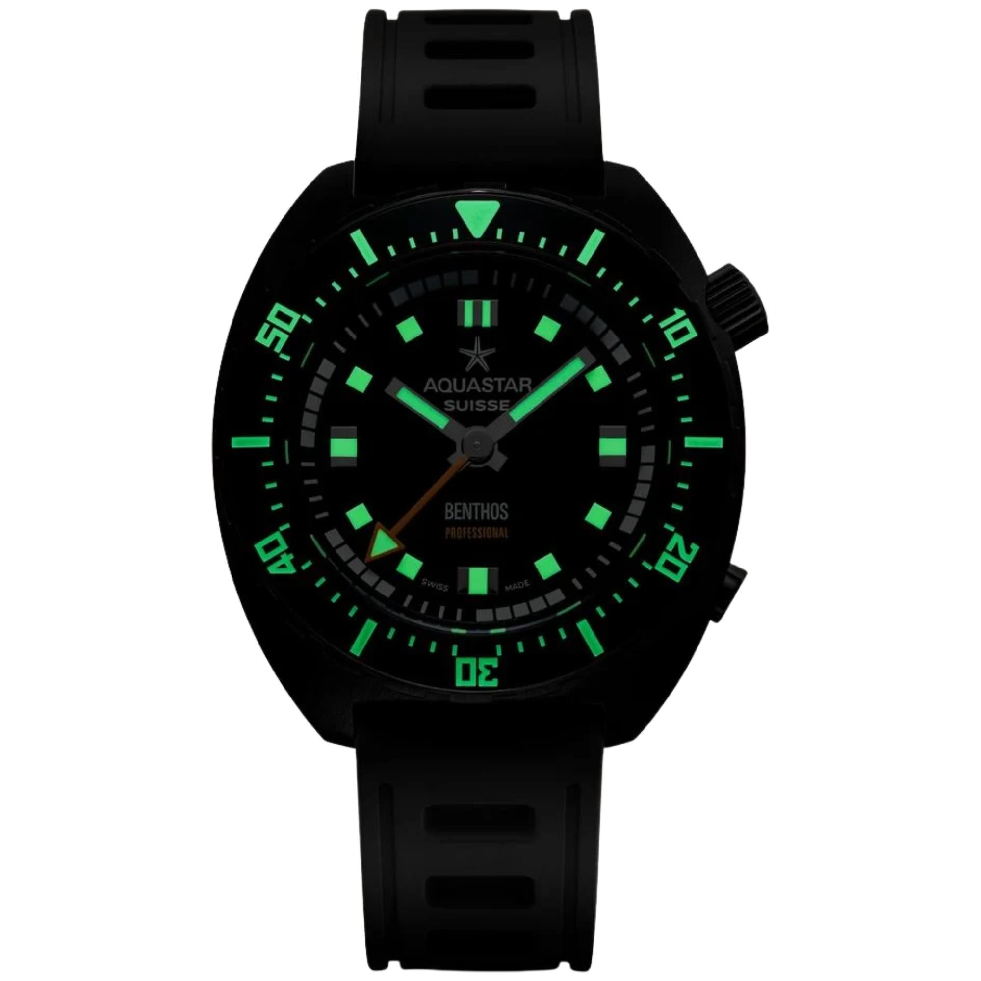 Aquastar Benthos Professional 42mm Black Dial Rubber Mens Automatic Watch BENTHOS-PRO PVD / DLC