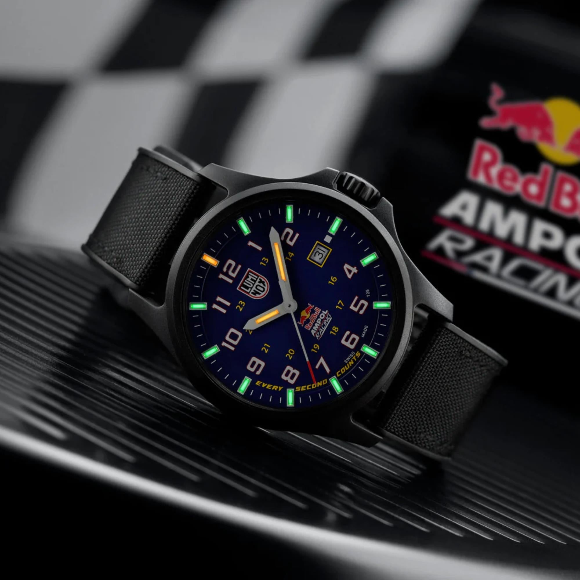 Luminox Atacama Field 43mm Limited Edition Red Bull Ampol Racing Blue Dial Rubber Textile Mens Quartz Watch XL.1970.ARB.N