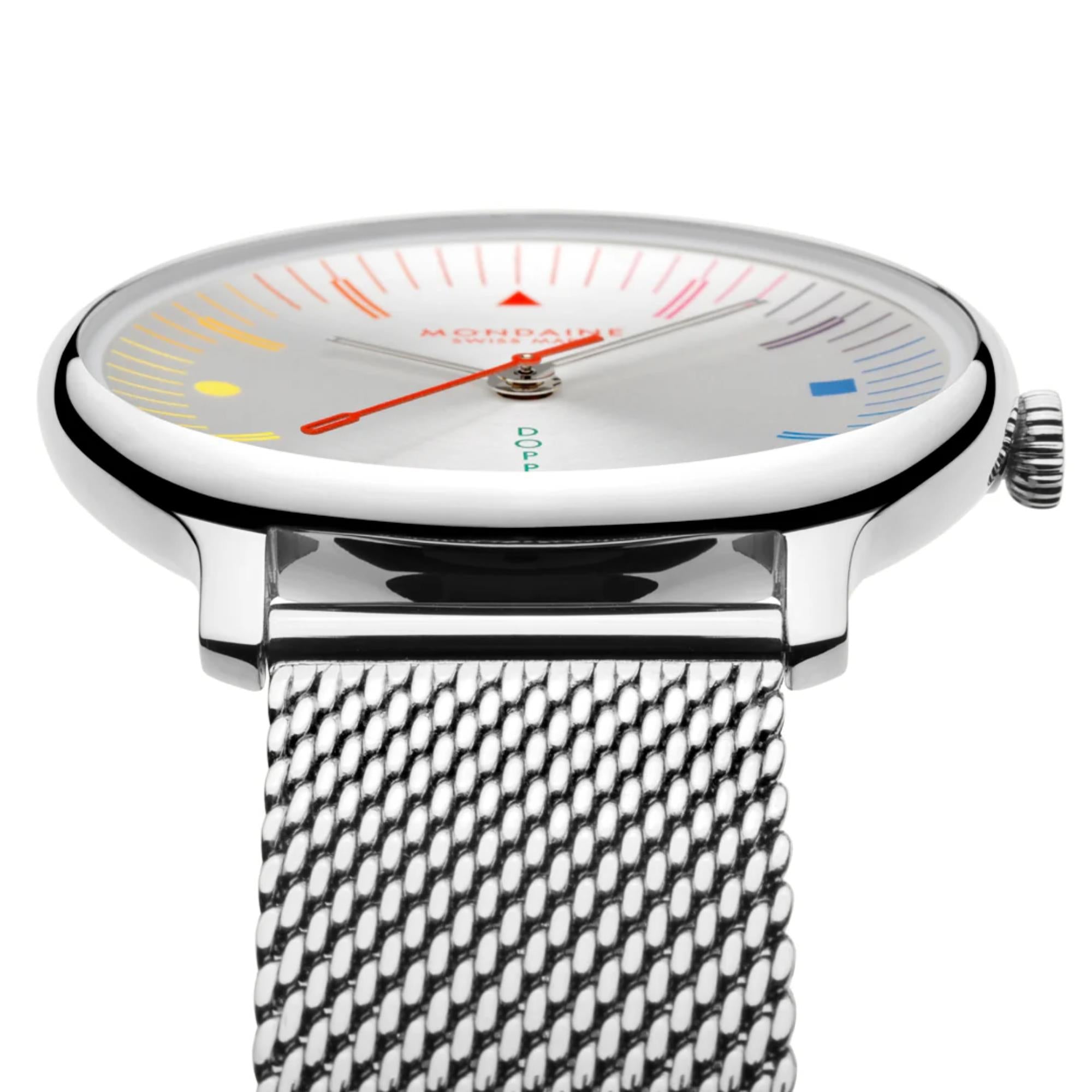 Mondaine Doppio Bauhaus Inspired 33mm White Dial Steel Ladies Quartz Watch MLE.33112.SM