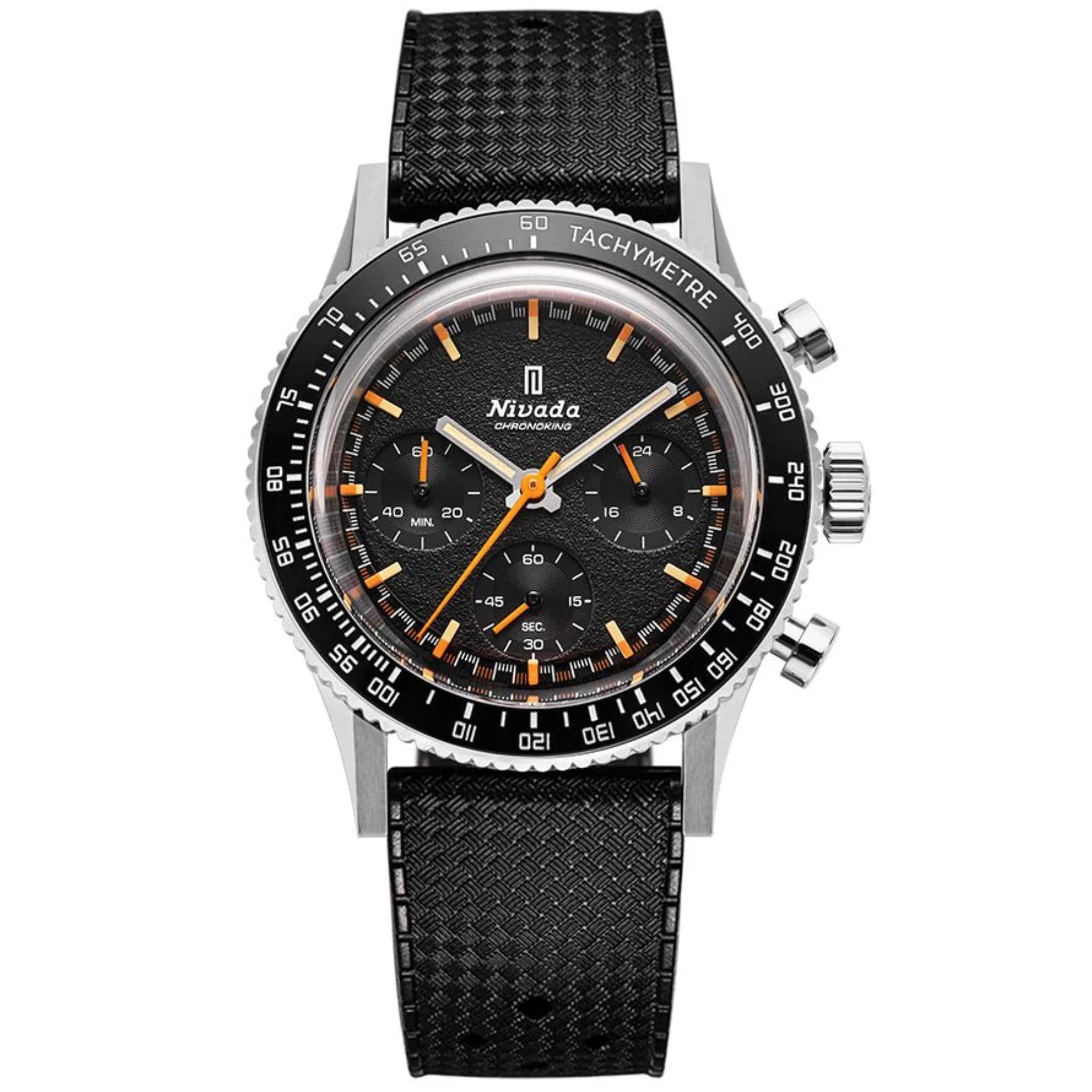 Nivada Grenchen Chronoking Mecaquartz 38mm Chronograph Tachymeter Black Dial Rubber Mens Quartz Watch 87040Q01