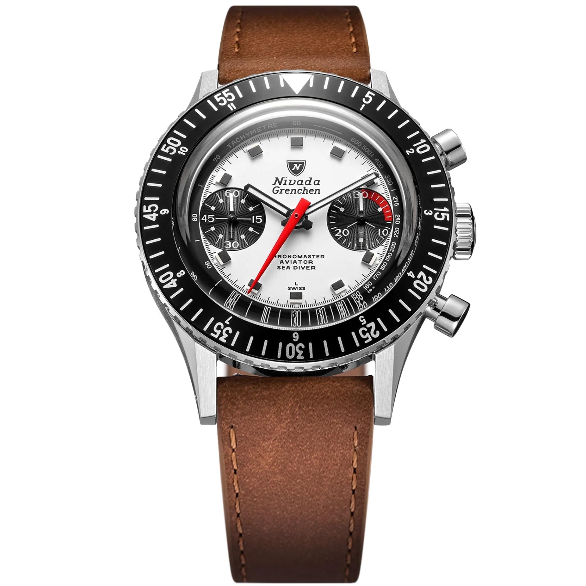 Nivada Grenchen Chronomaster Panda 38mm White Dial Leather Mens Manual-Wind Watch 86054M16