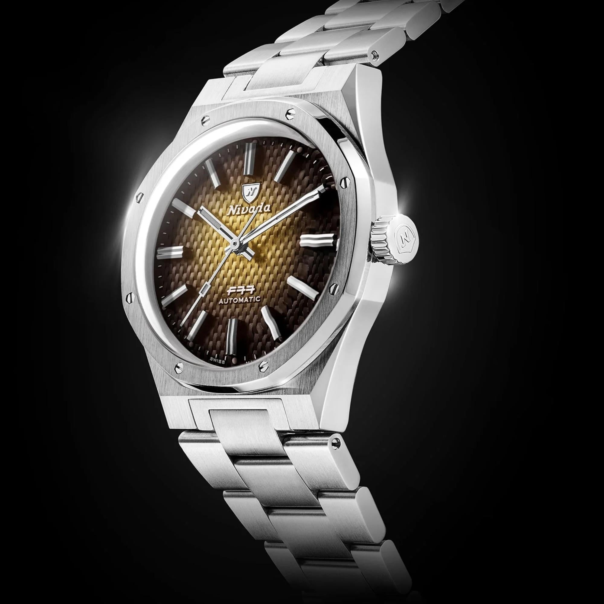 Nivada Grenchen F77 MK1 37mm Brown Smoked Dial Steel Mens Automatic Watch 68002A77