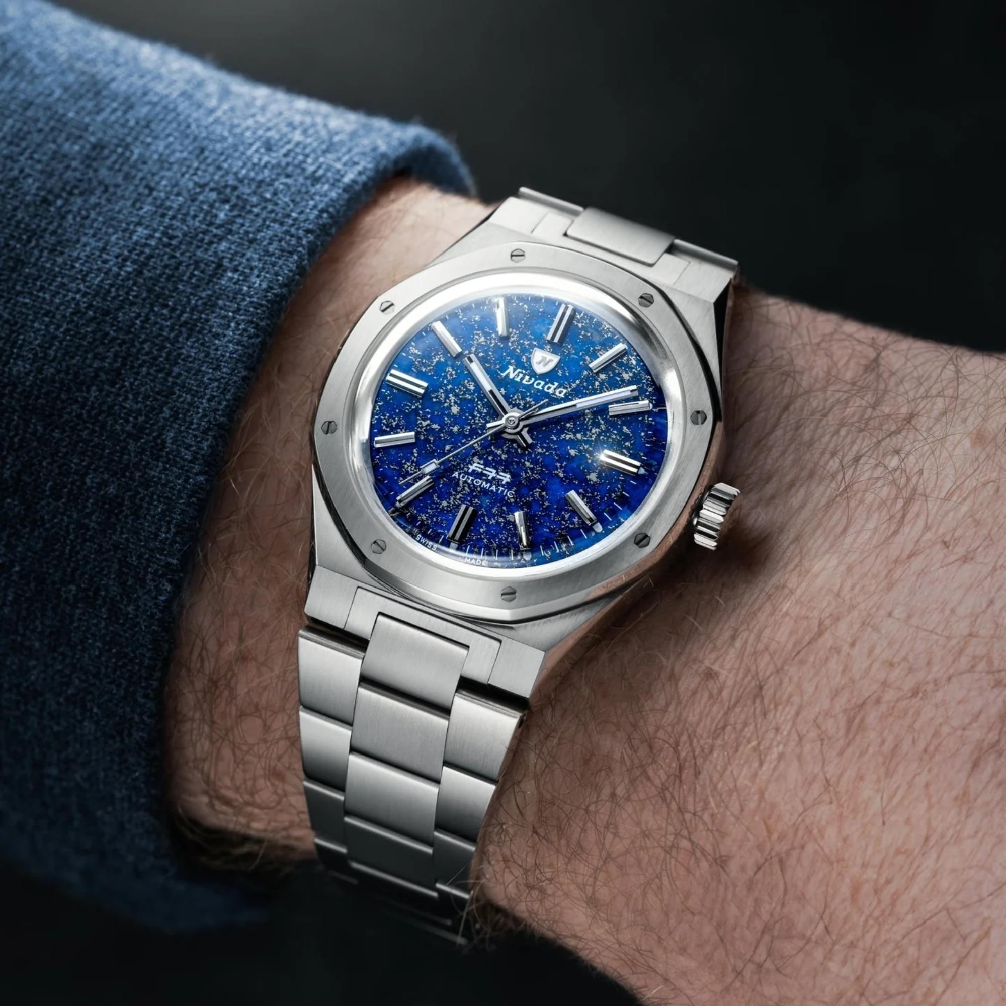 Nivada Grenchen F77 MK1 37mm Blue Dial Steel Mens Automatic Watch 68009A77