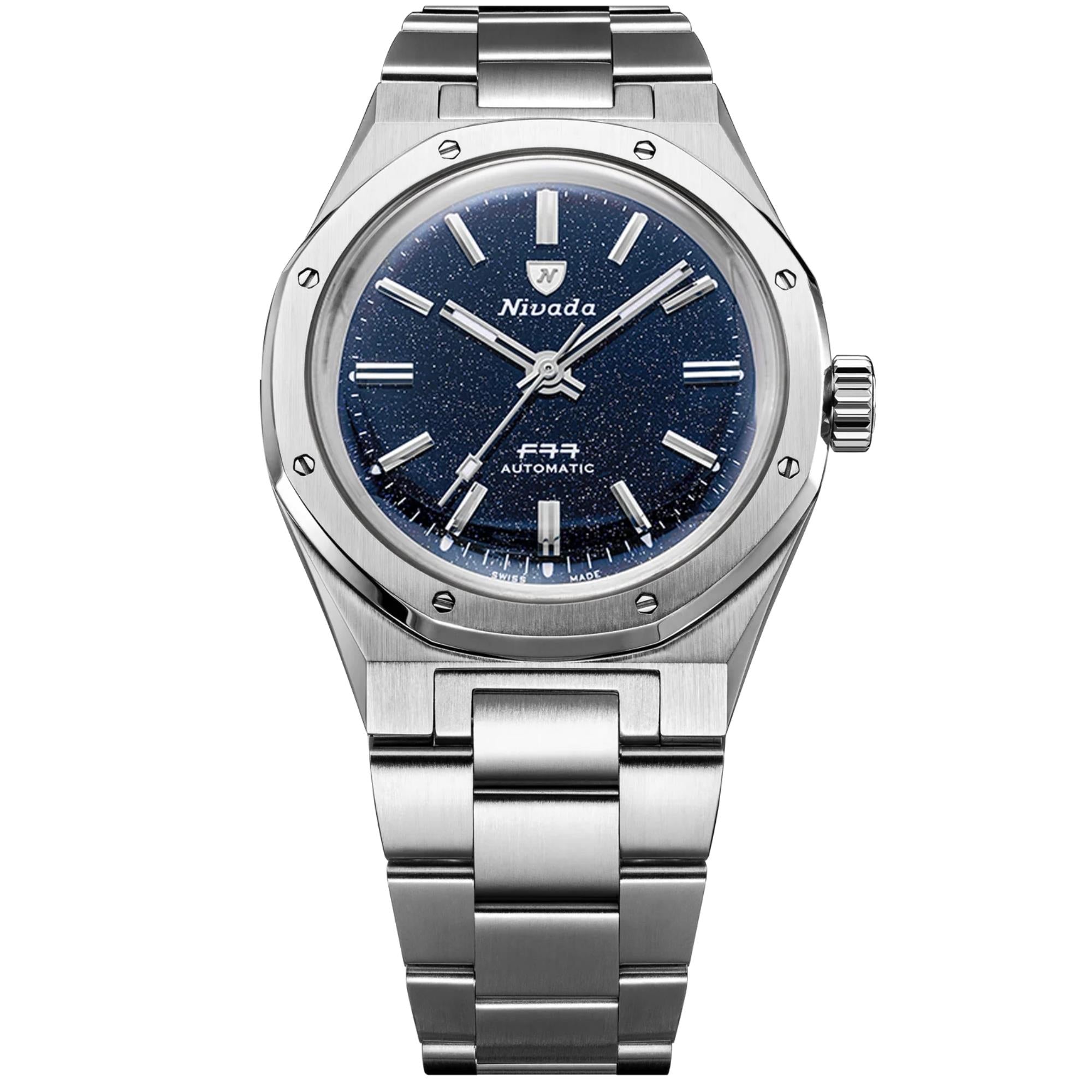 Nivada Grenchen F77 MK1 37mm Dark Blue Dial Steel Mens Automatic Watch 68010A77