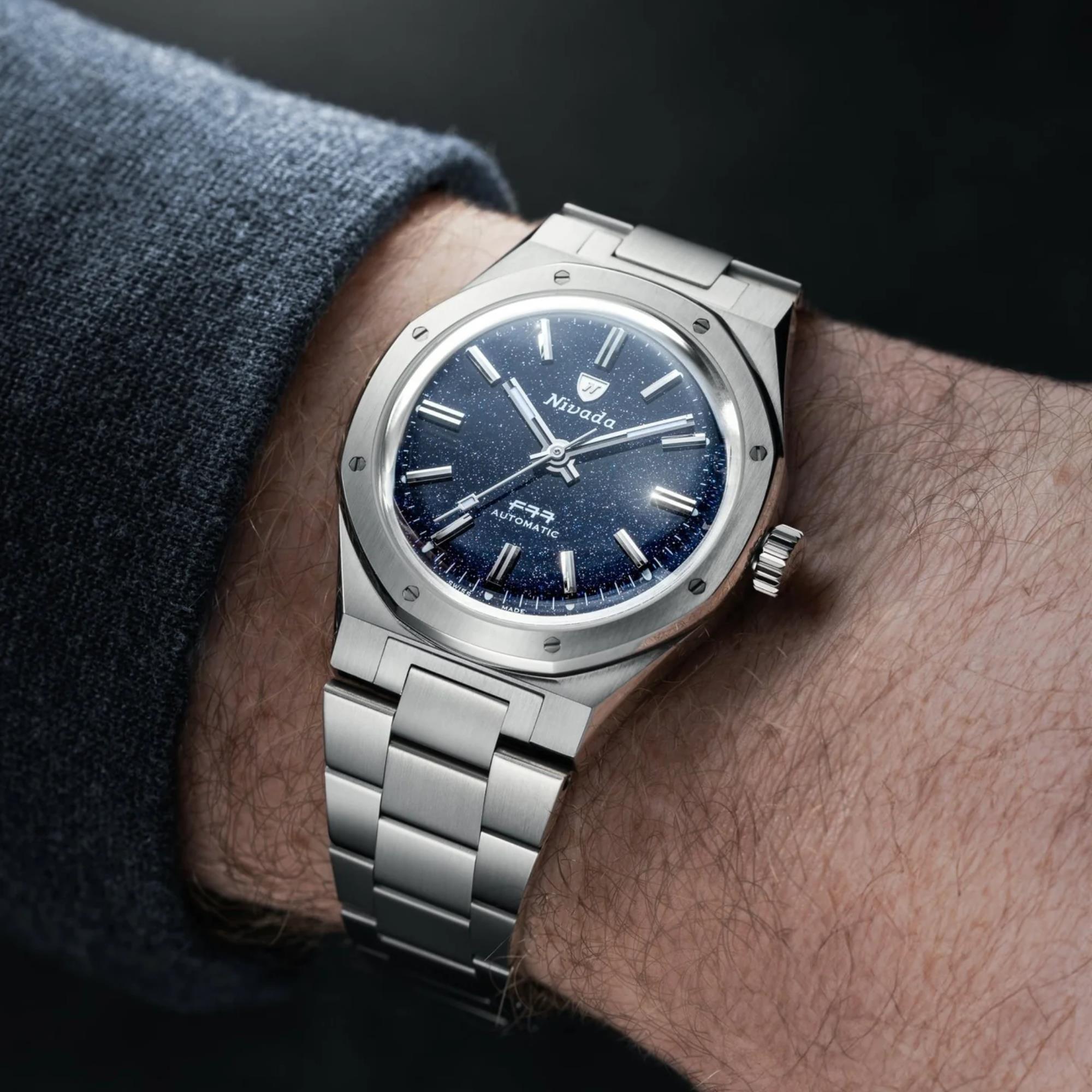 Nivada Grenchen F77 MK1 37mm Dark Blue Dial Steel Mens Automatic Watch 68010A77