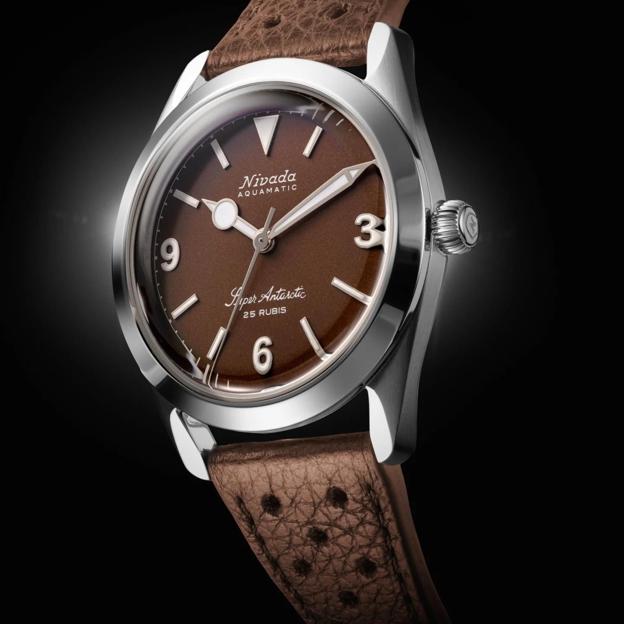 Nivada Grenchen Super Antarctic 38mm Brown Dial Leather Mens Automatic Watch 32040A23
