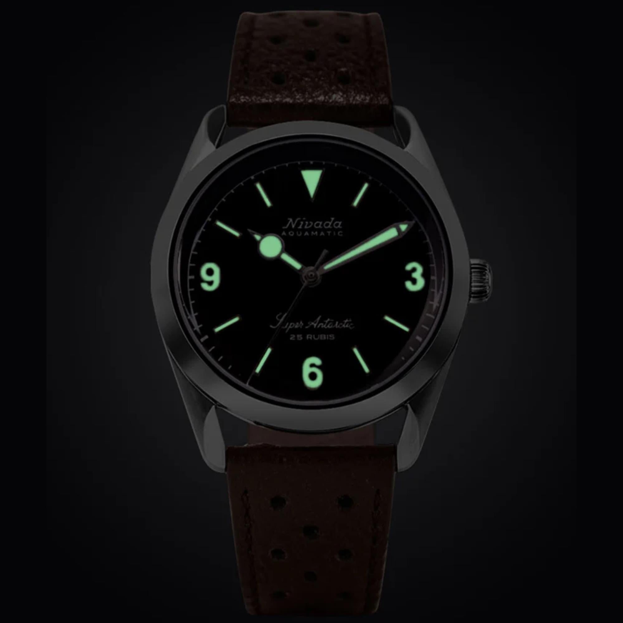 Nivada Grenchen Super Antarctic 38mm Brown Dial Leather Mens Automatic Watch 32040A23