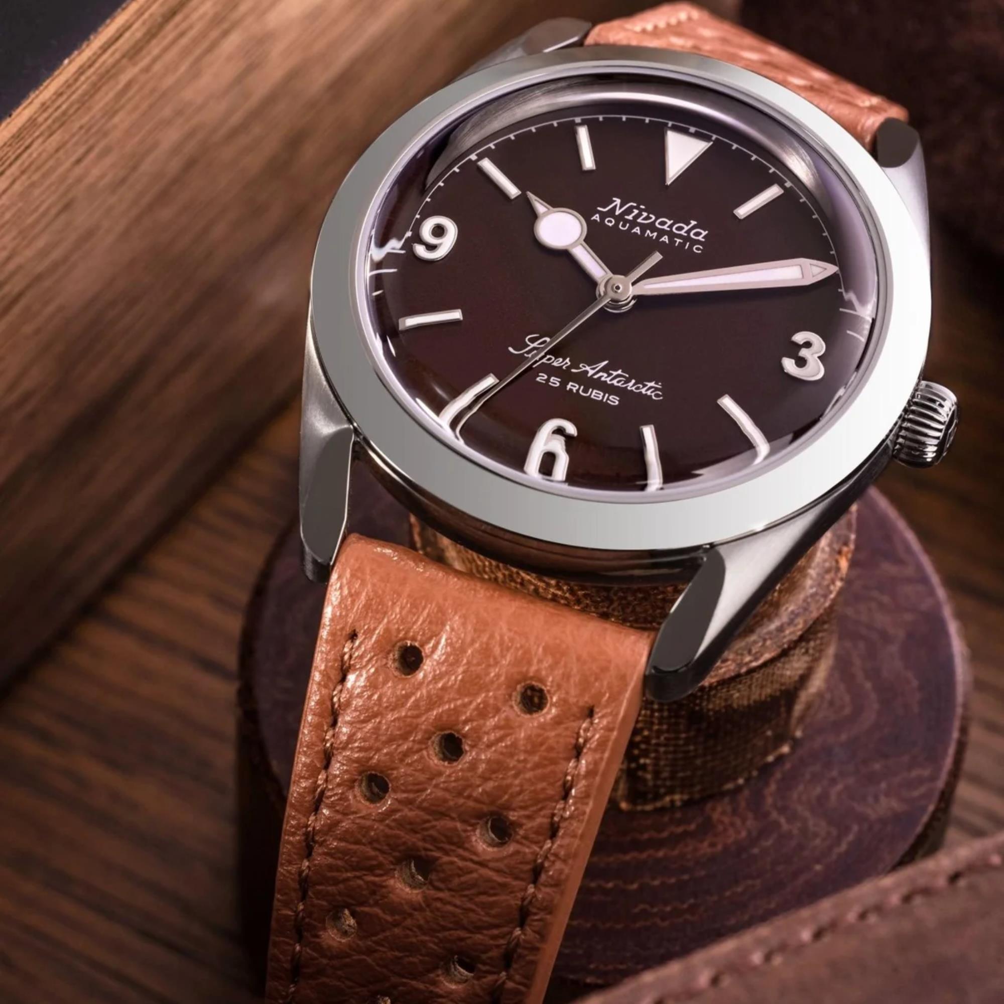 Nivada Grenchen Super Antarctic 38mm Brown Dial Leather Mens Automatic Watch 32040A23