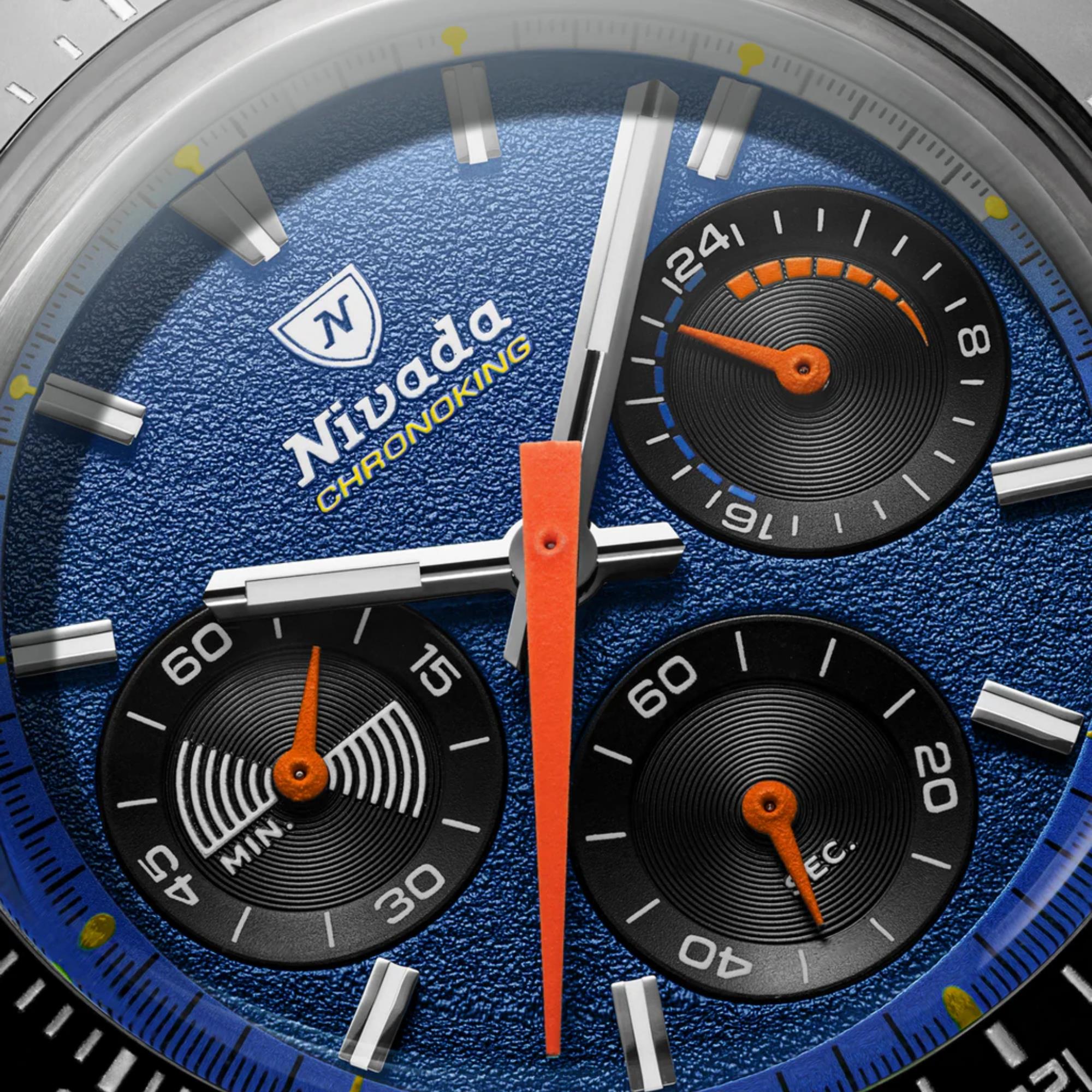 Nivada Grenchen Chronoking Mecaquartz 38mm Dark Blue Dial Rubber Mens Quartz Watch 87050Q01