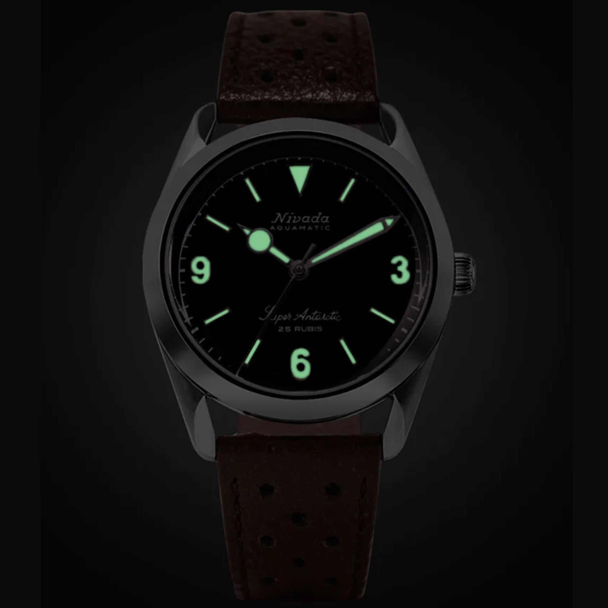 Nivada Grenchen Super Antarctic 38mm Brown Dial Leather Mens Automatic Watch 32031A23