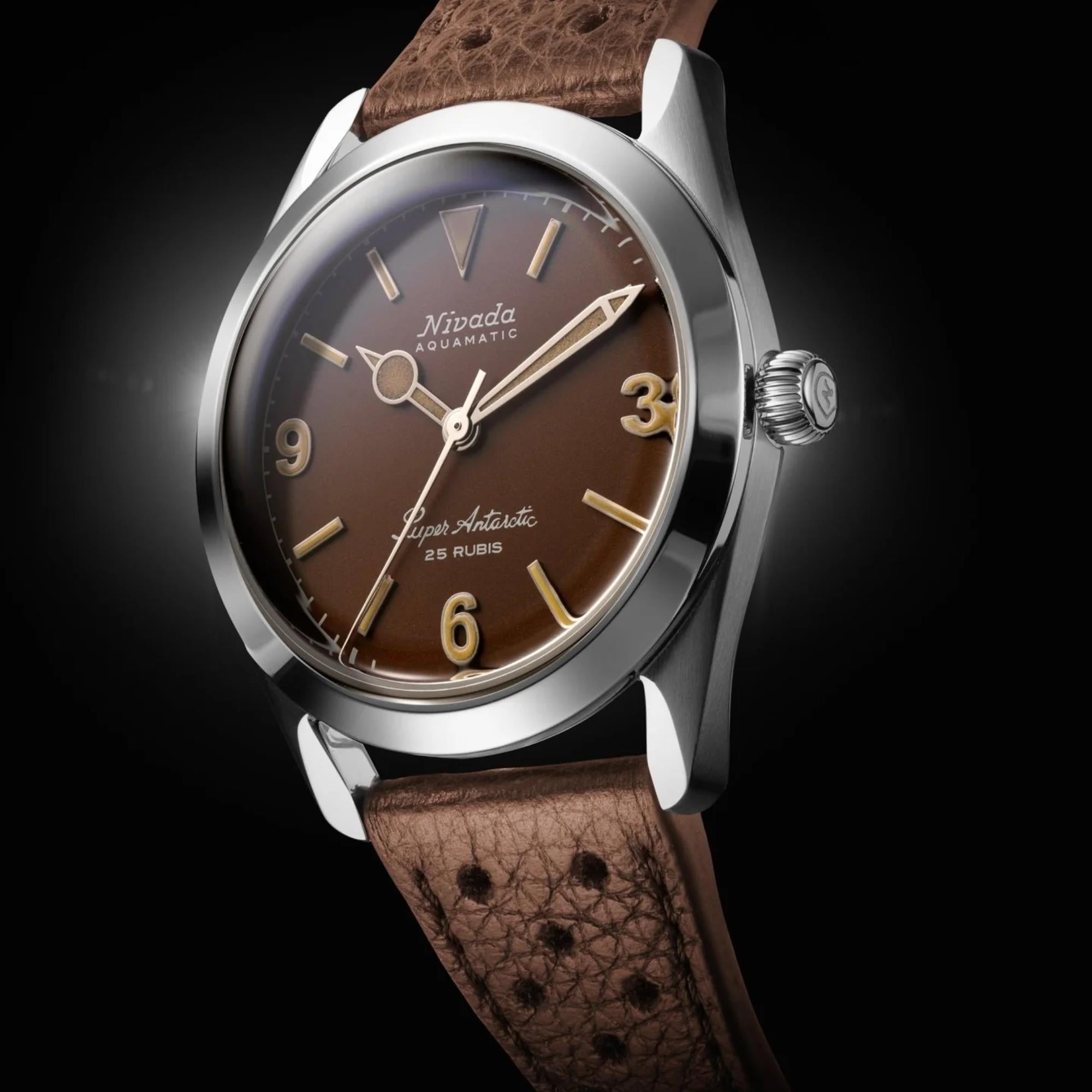 Nivada Grenchen Super Antarctic 38mm Brown Dial Leather Mens Automatic Watch 32031A23