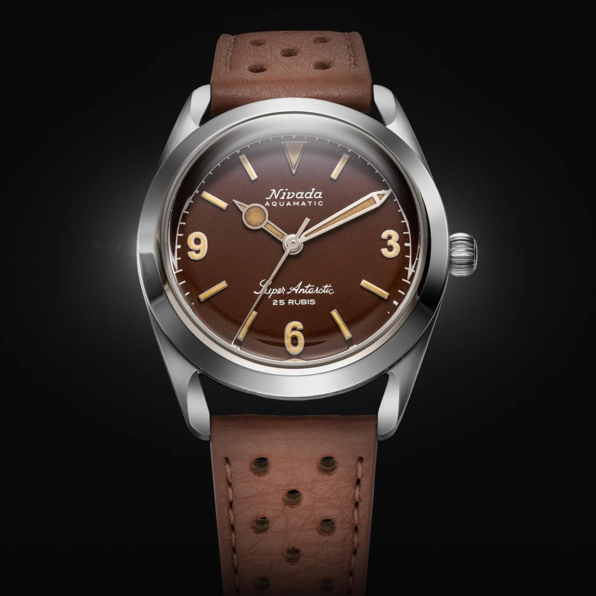 Nivada Grenchen Super Antarctic 38mm Brown Dial Leather Mens Automatic Watch 32031A23