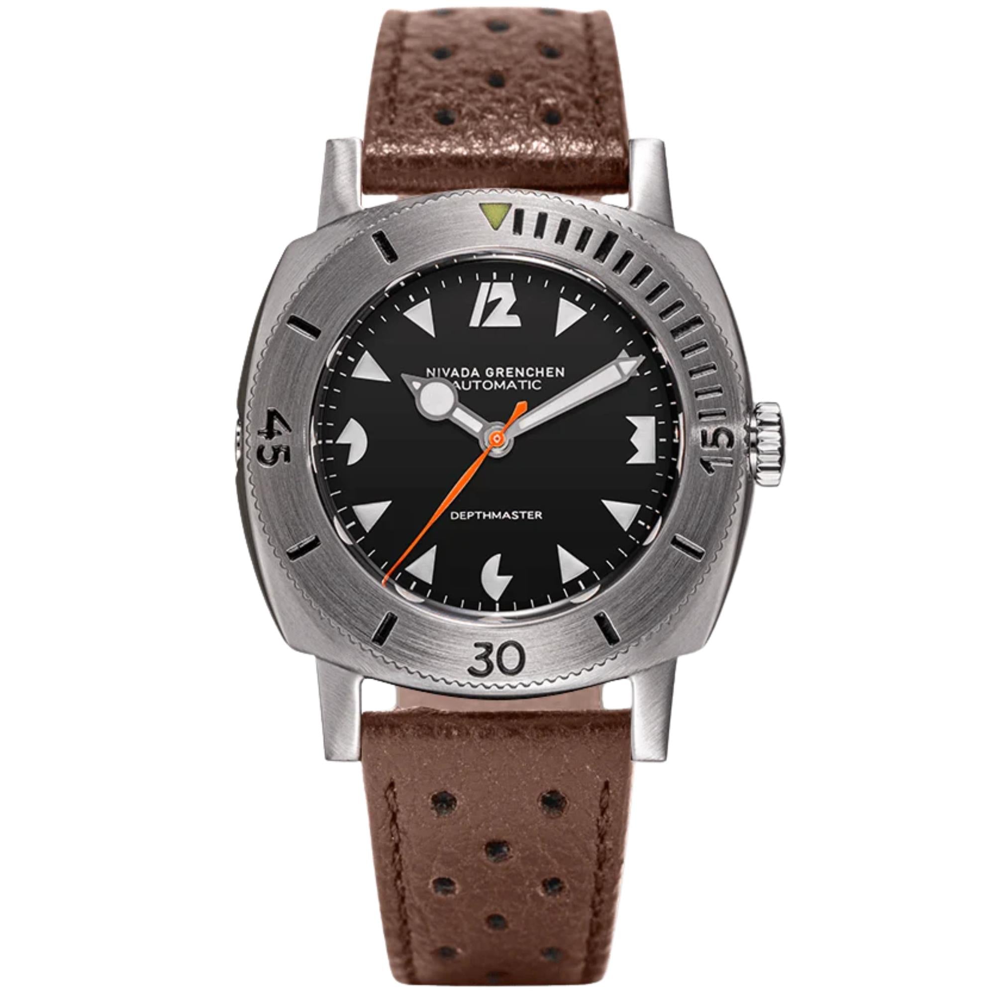 Nivada Grenchen Depthmaster 39mm Black Dial Leather Mens Automatic Watch 14102A02