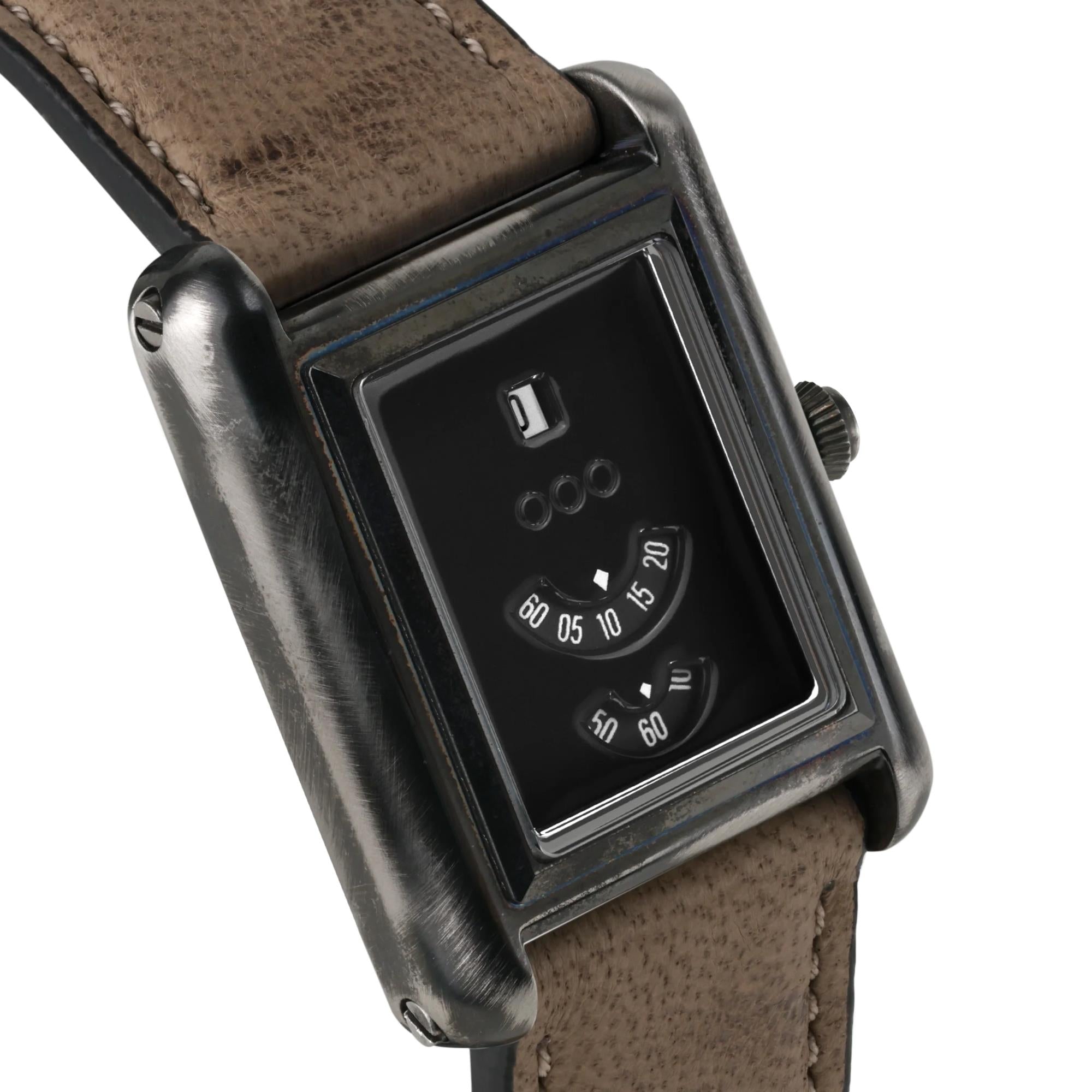 Out of Order Forma Venti Jump Hour 32mm Lacquered Black Dial Leather Automatic Watch F20BLK.OOO