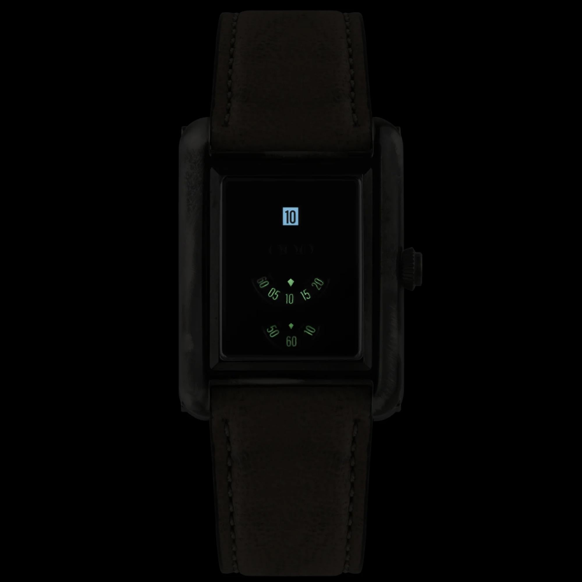 Out of Order Forma Venti Jump Hour 32mm Lacquered Black Dial Leather Automatic Watch F20BLK.OOO