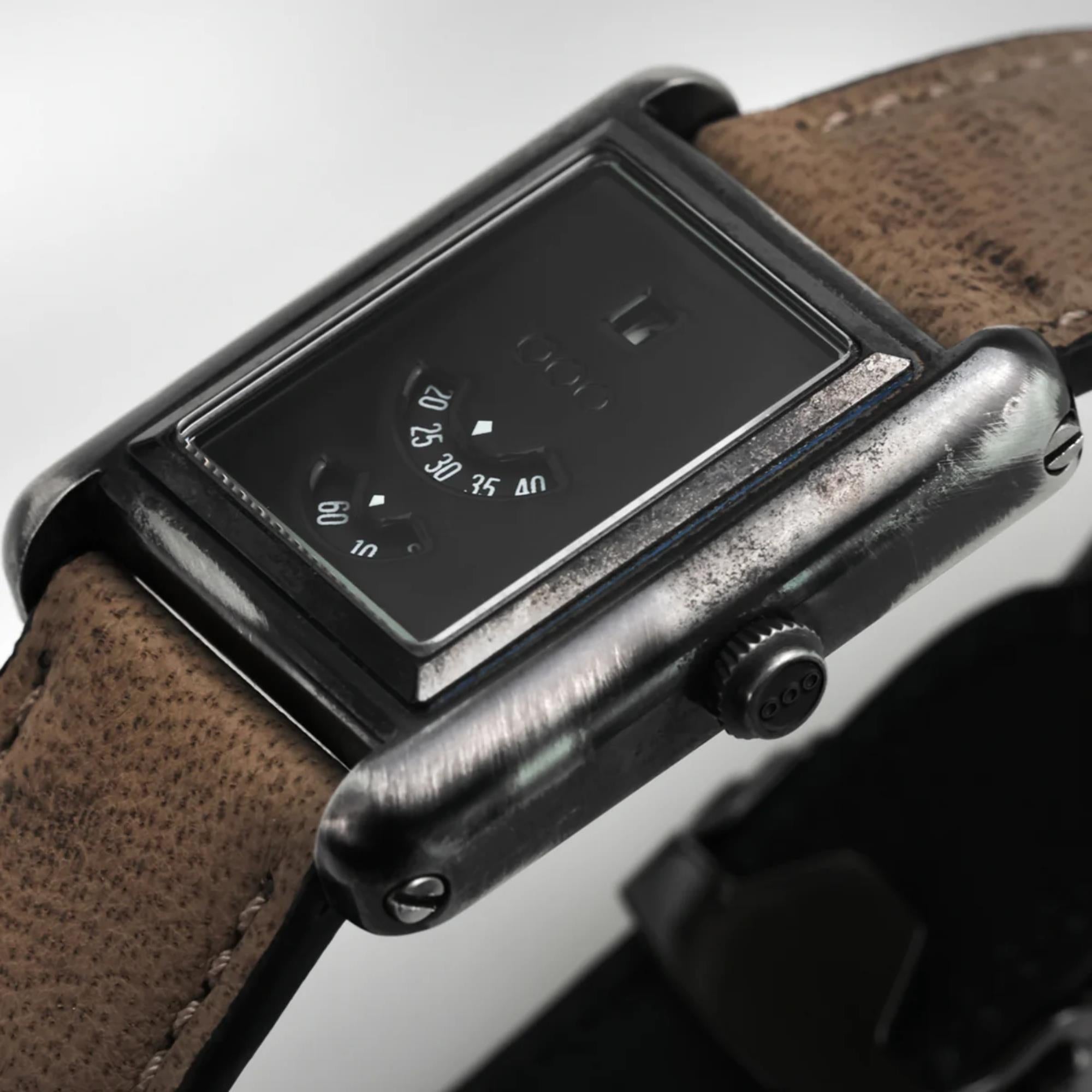 Out of Order Forma Venti Jump Hour 32mm Lacquered Black Dial Leather Automatic Watch F20BLK.OOO