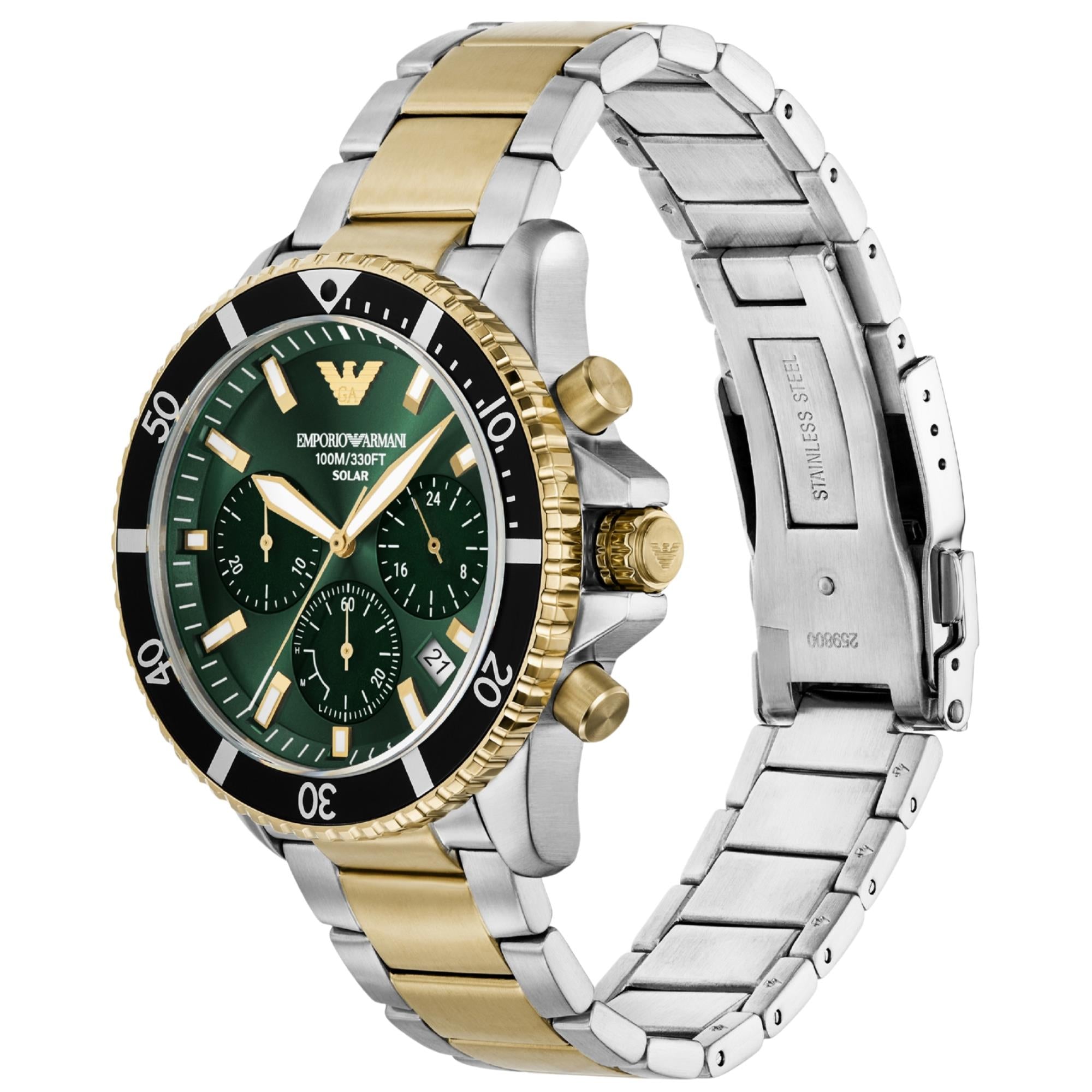 Solar chronograph watch with green dial, gold bezel accents, steel two-tone bracelet