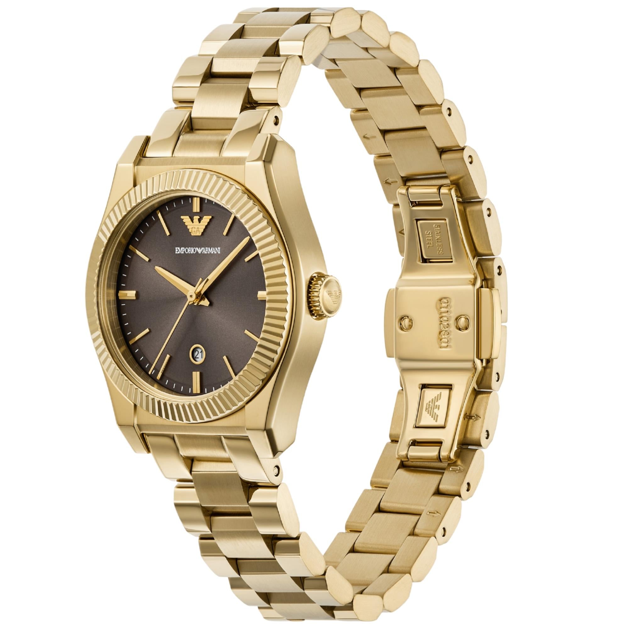 Ladies steel quartz wristwatch with dark brown dial and gold-tone bracelet detail