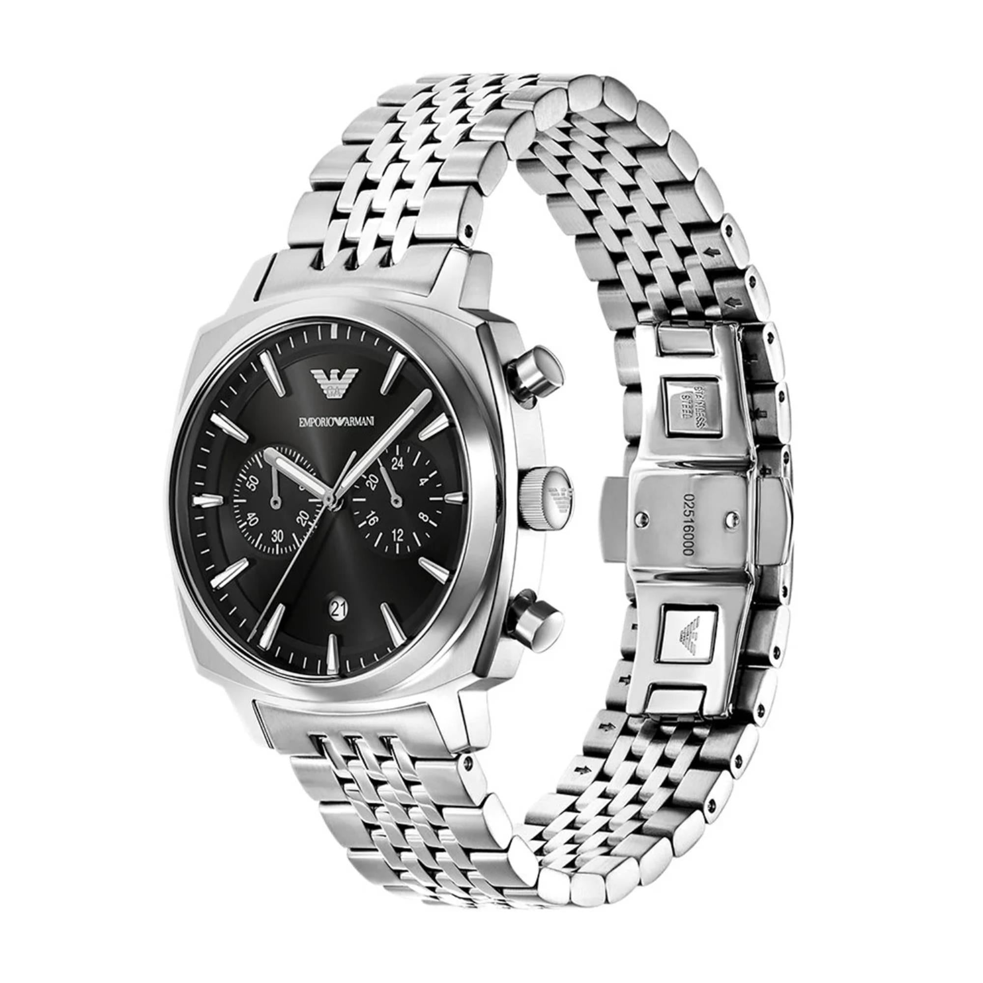 Stainless steel chronograph watch with black dial, visible bracelet links and pushers