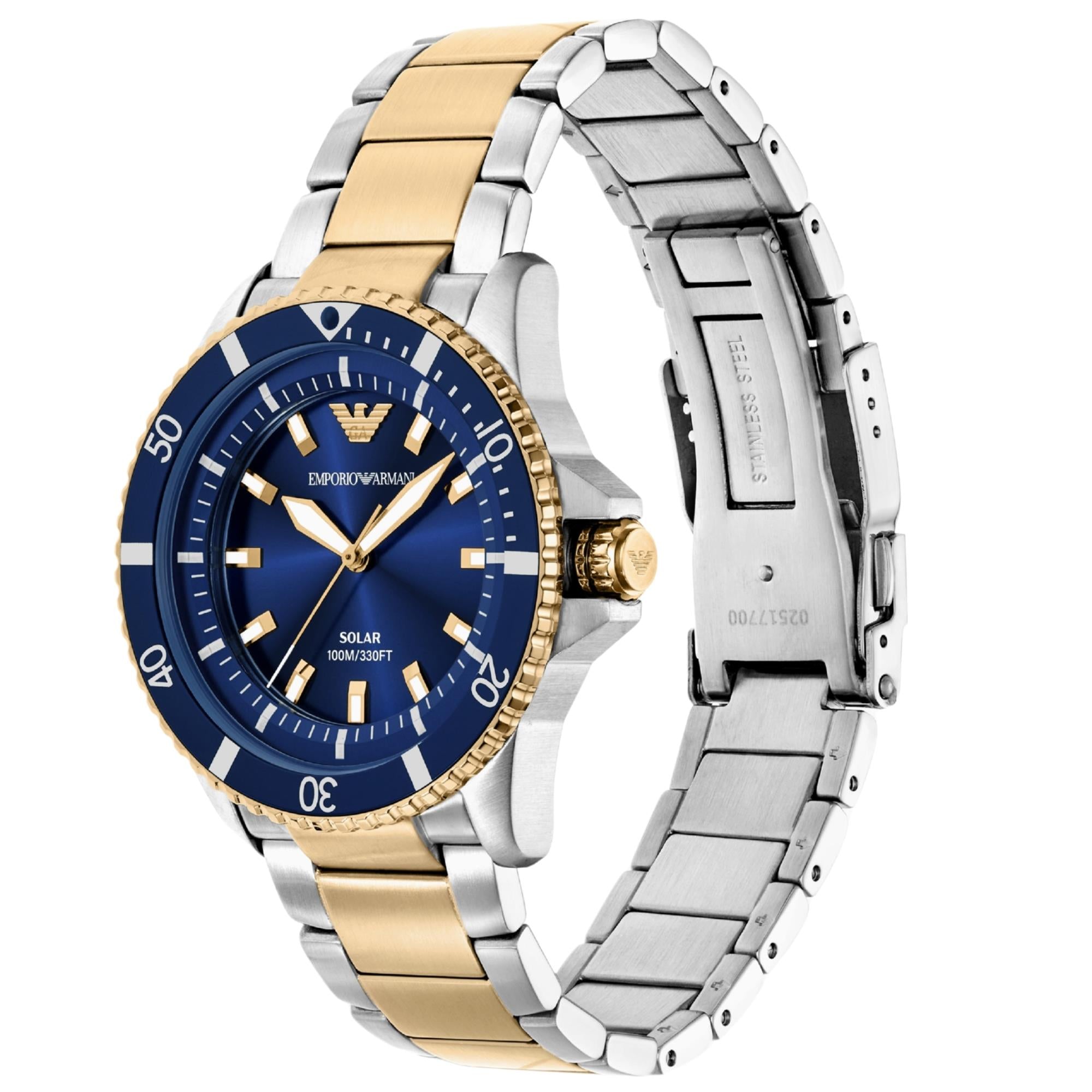 Two-tone steel solar watch with blue dial and gold accents, shown from side