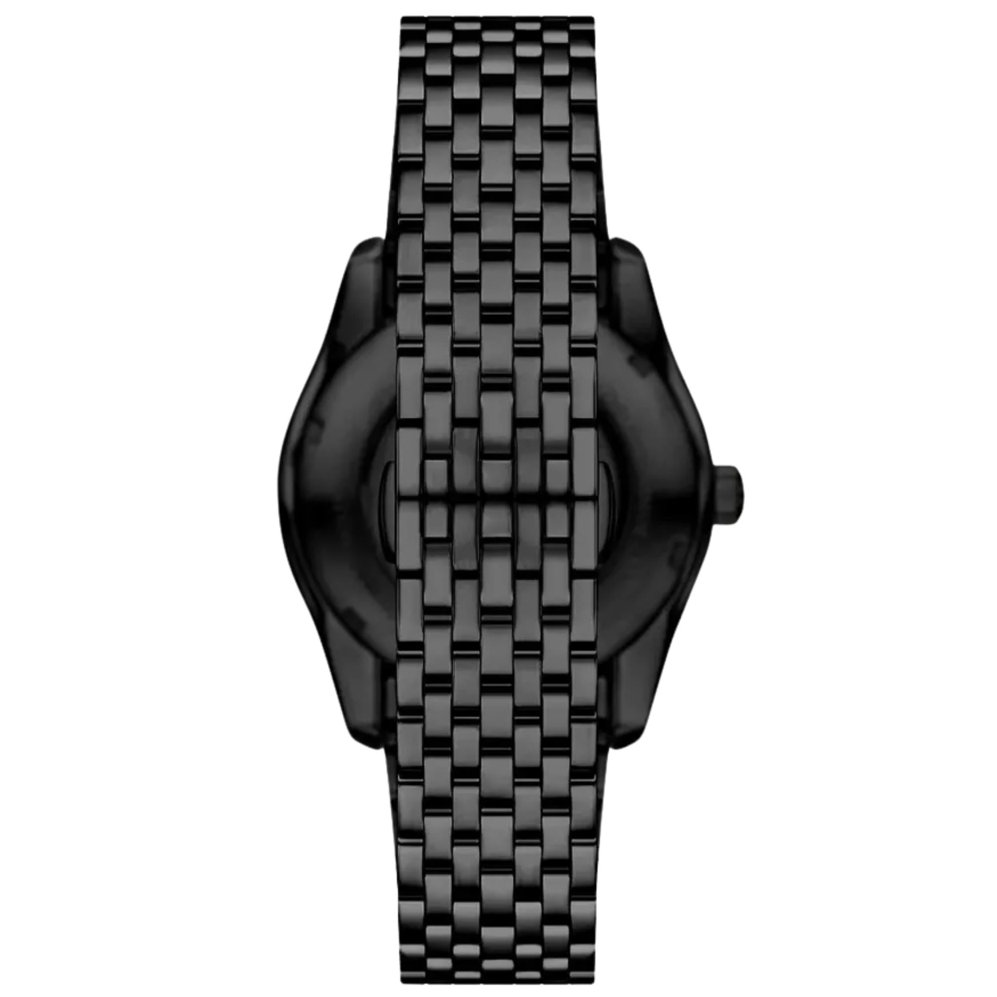 Emporio Armani Antonio AR60093 back view showing the multi-link stainless steel bracelet and case back