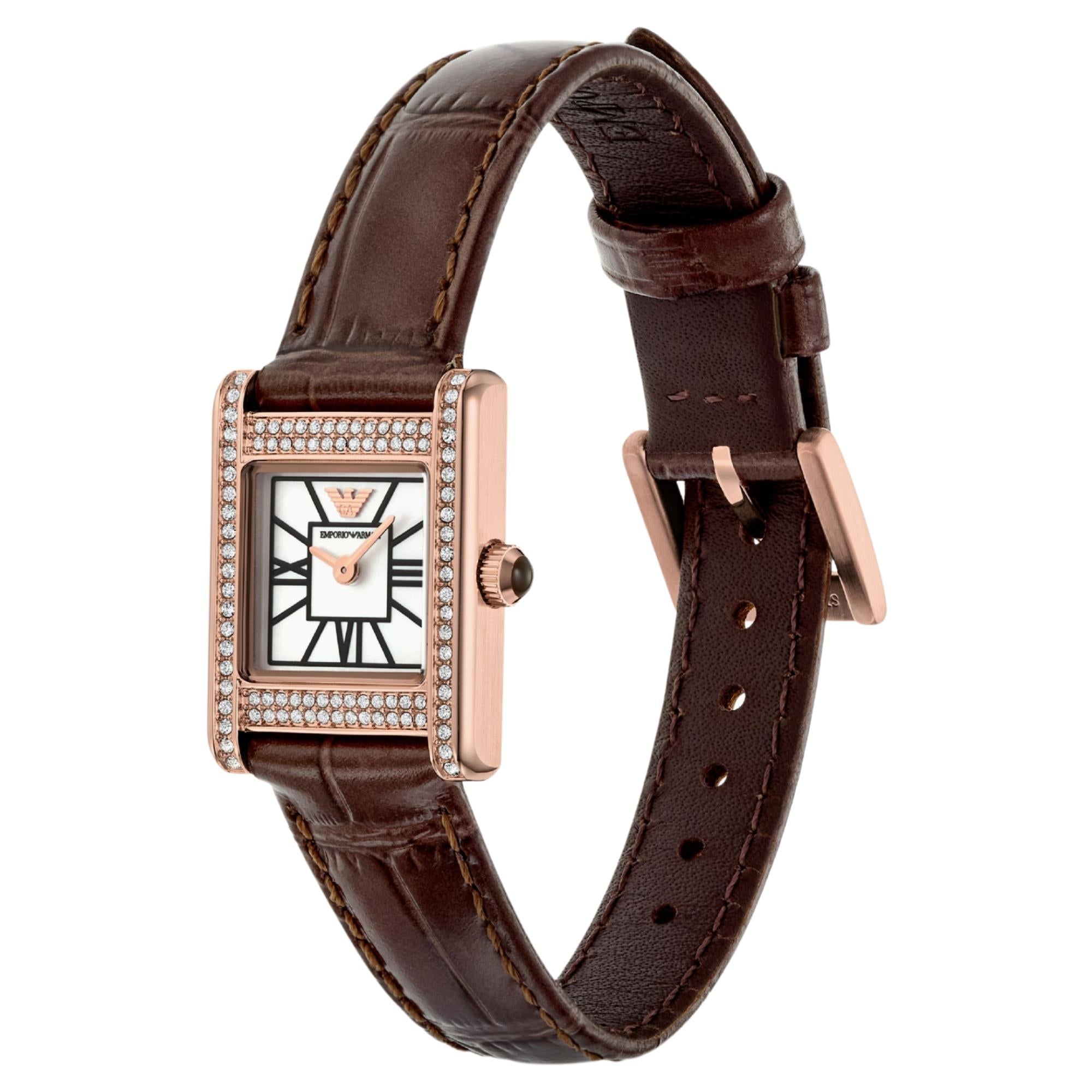 Square mother-of-pearl dial quartz watch with diamond bezel, brown leather strap