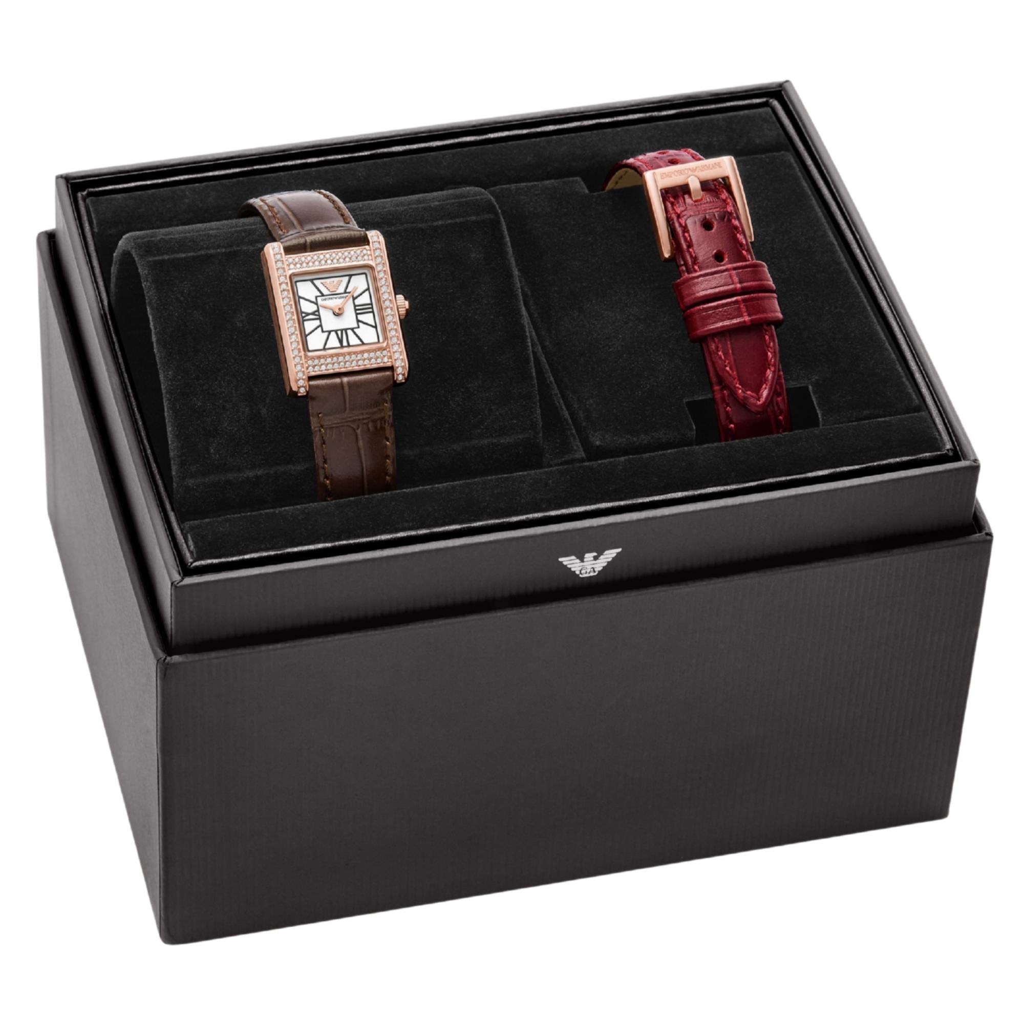 Ladies quartz watch set in box: brown strap watch and red leather strap