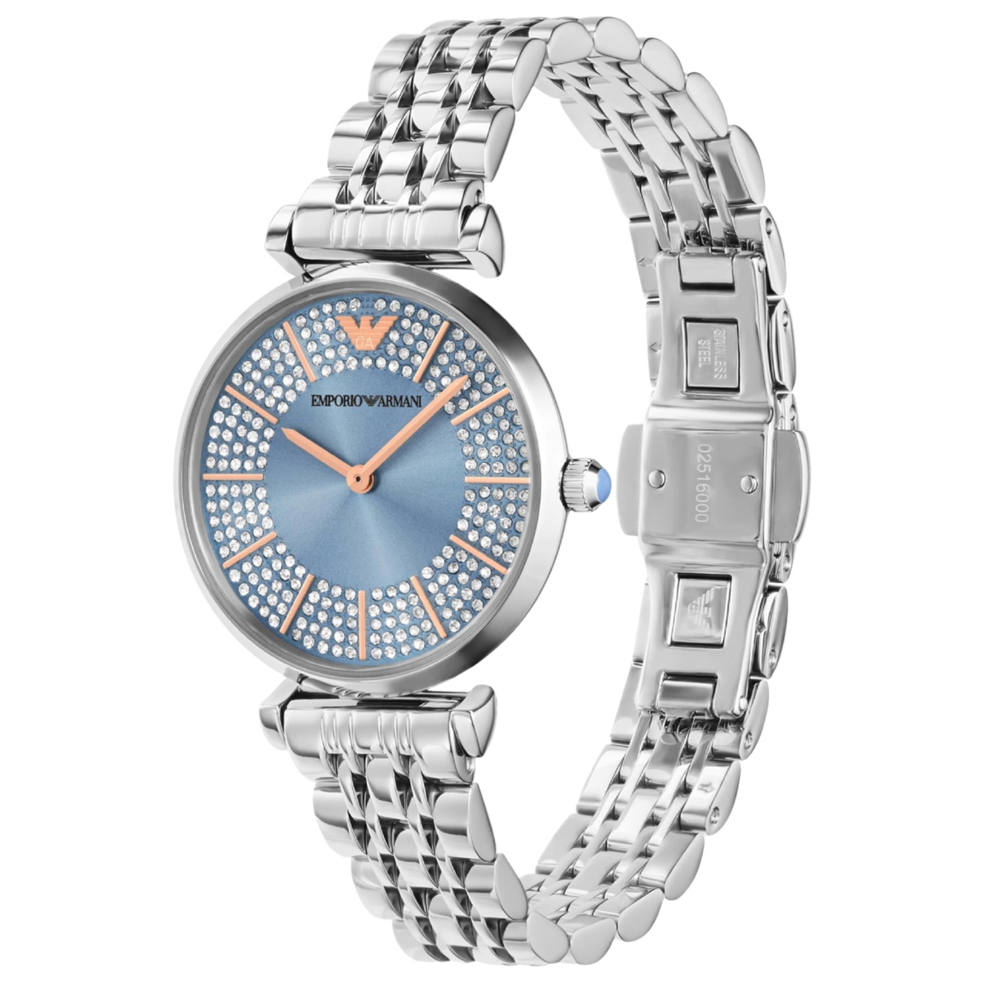 Ladies steel quartz watch with blue dial, crystal hour markers, and clasp