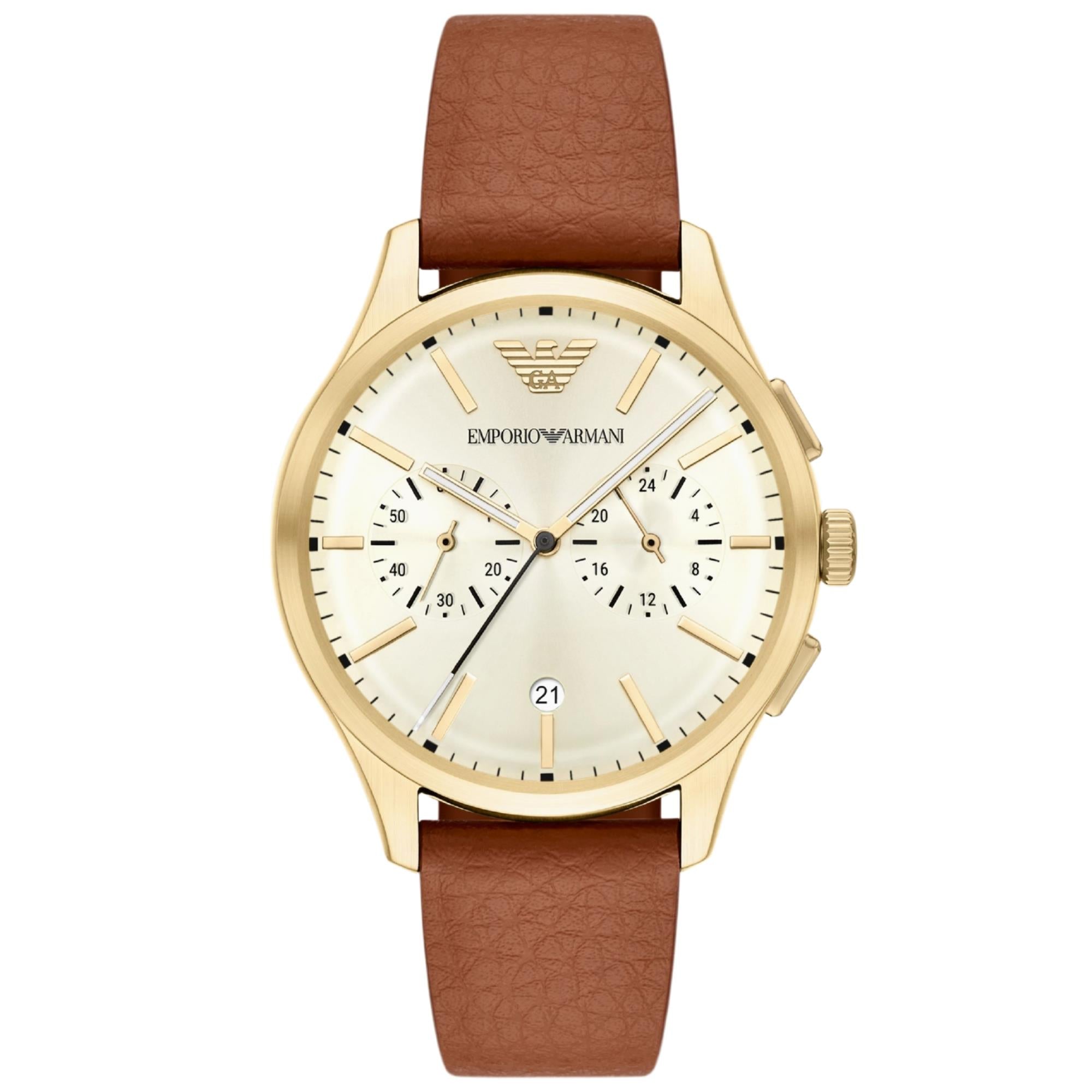 Emporio Armani Dario 42mm Chronograph Cream Dial Leather Mens Quartz Watch AR11714
