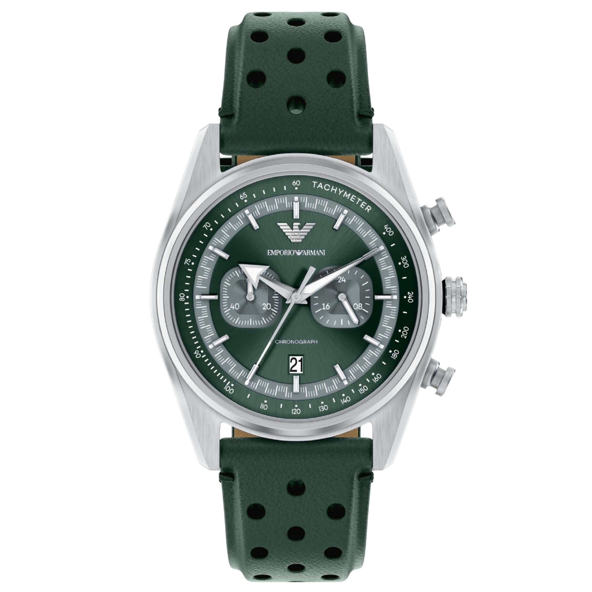 Emporio Armani Racer 42mm Green Dial Leather Mens Watch AR11782