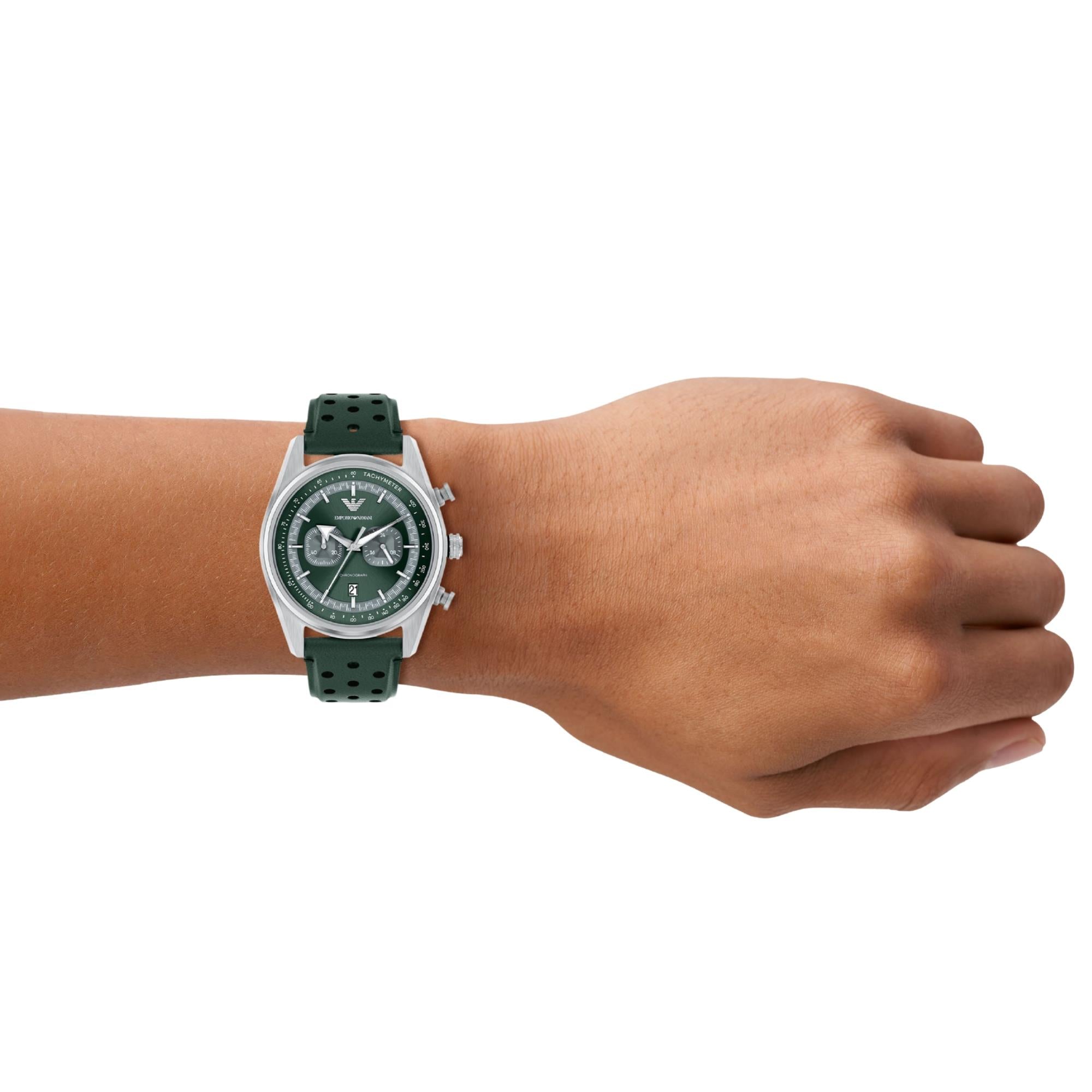 Emporio Armani Racer 42mm Green Dial Leather Mens Watch AR11782